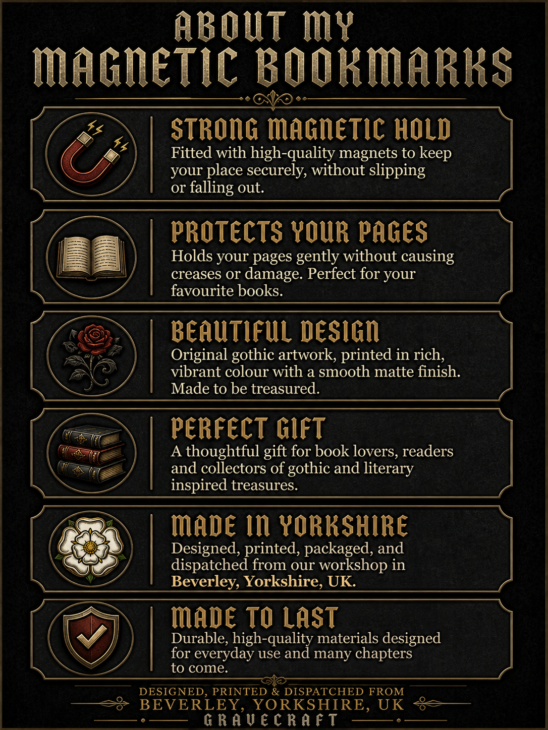 Promotional text about magnetic bookmarks with gothic design elements on a black background.