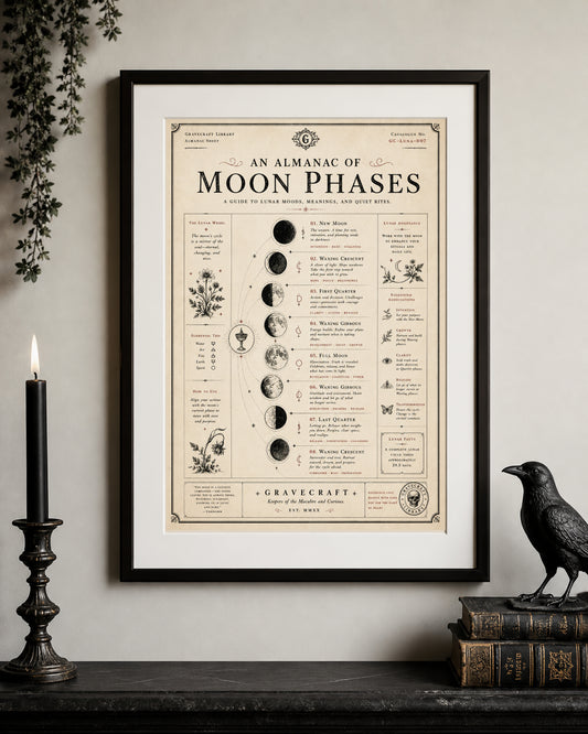 Framed Almanac of Moon Phases poster on a wall with decorative items.