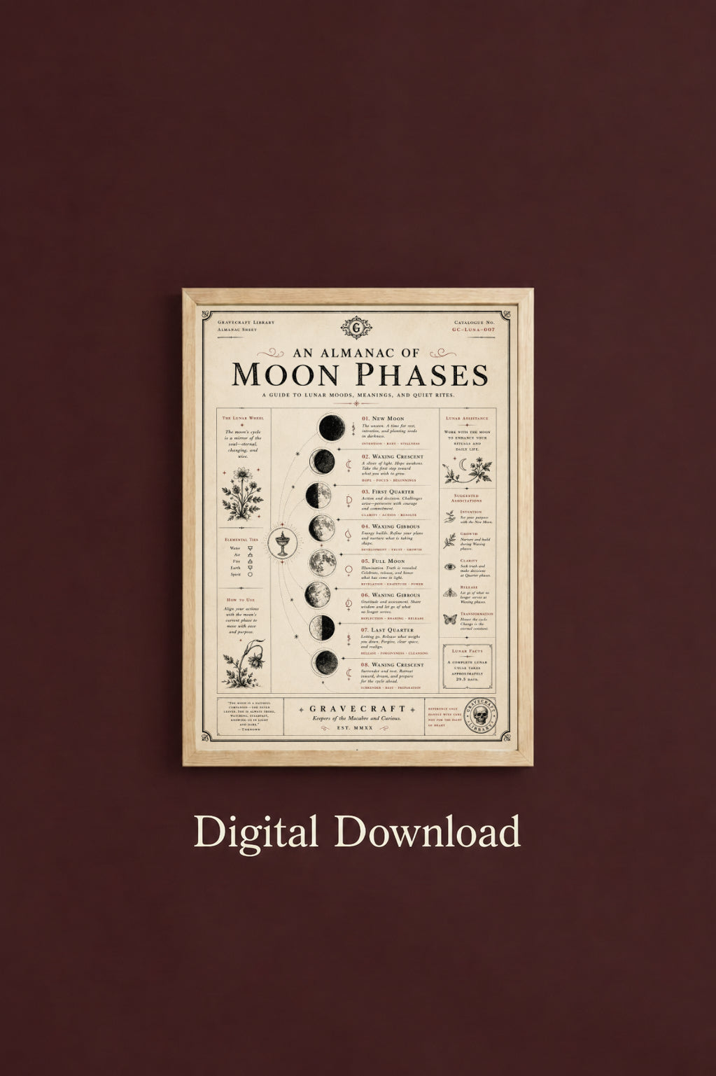 Framed poster of an almanac of moon phases on a brown background with 'Digital Download' text.