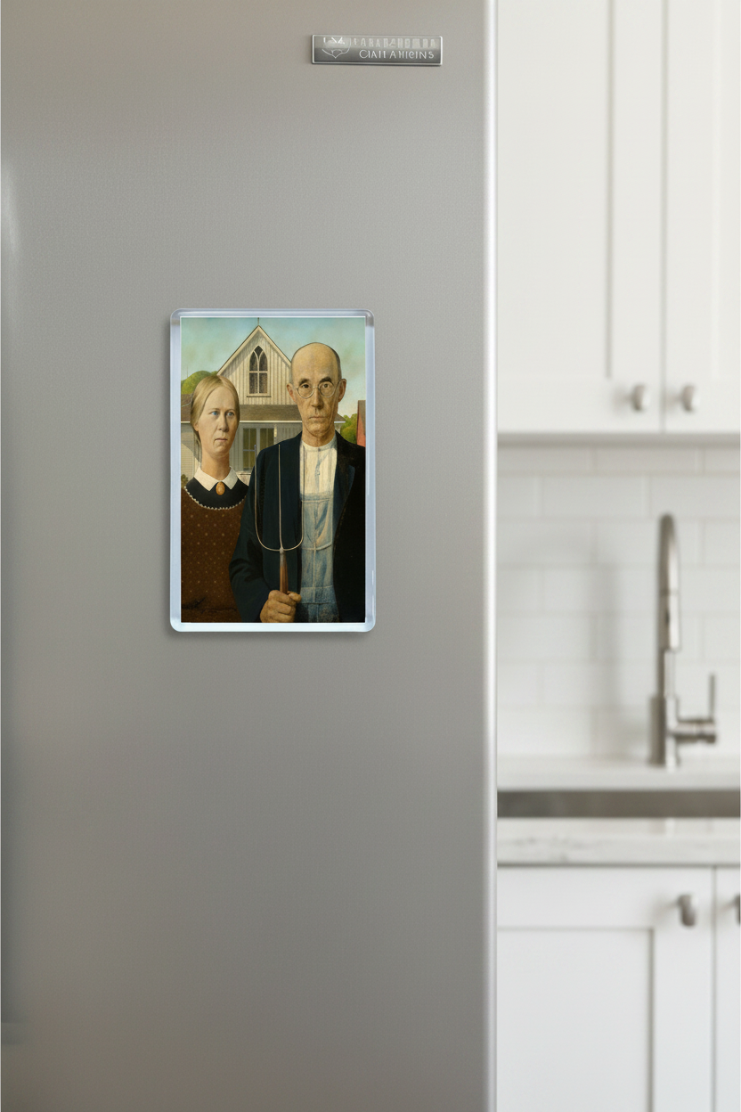 Fridge magnet with a painting of a man and woman in front of a house