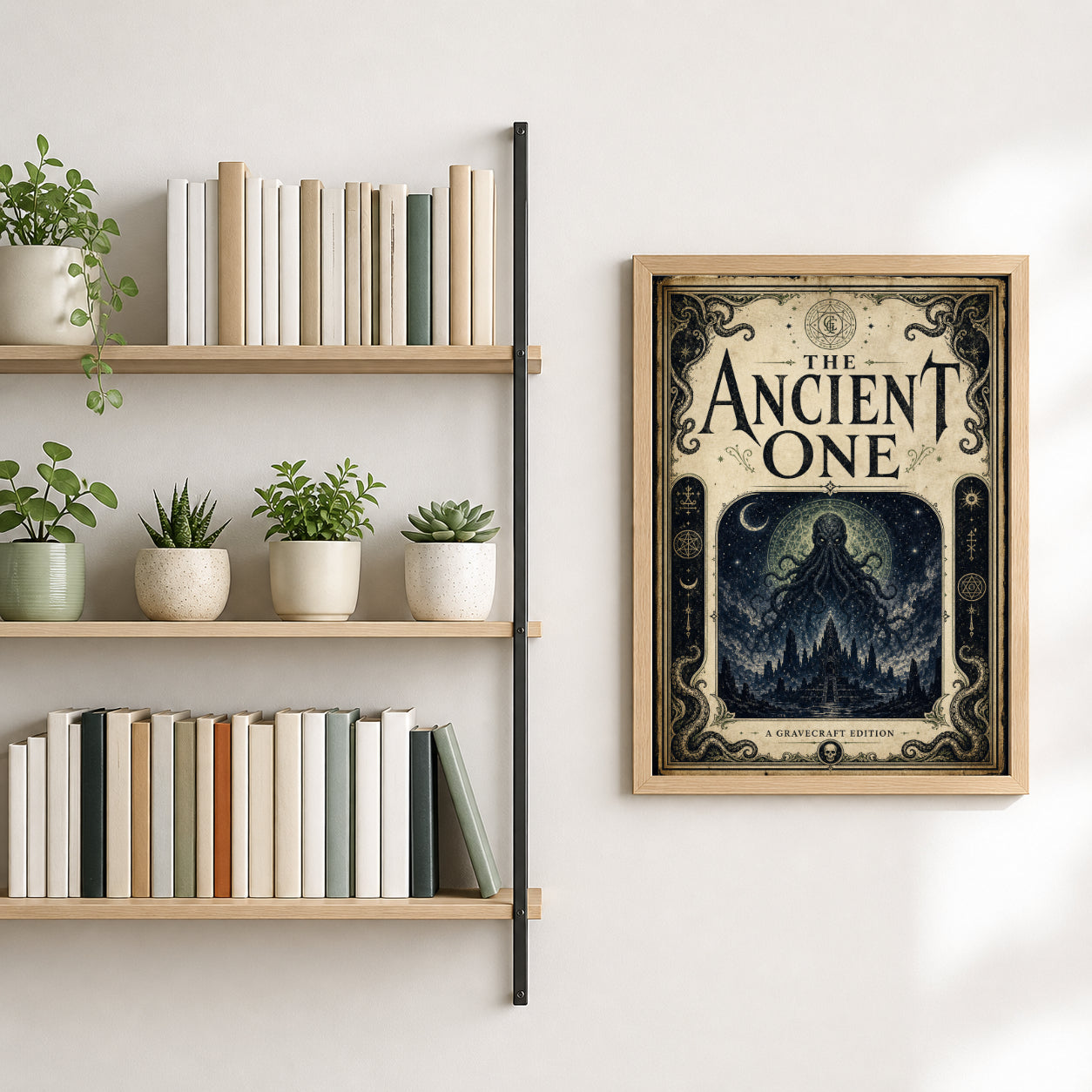 Framed poster titled 'The Ancient One' on a wall with bookshelves and plants below.