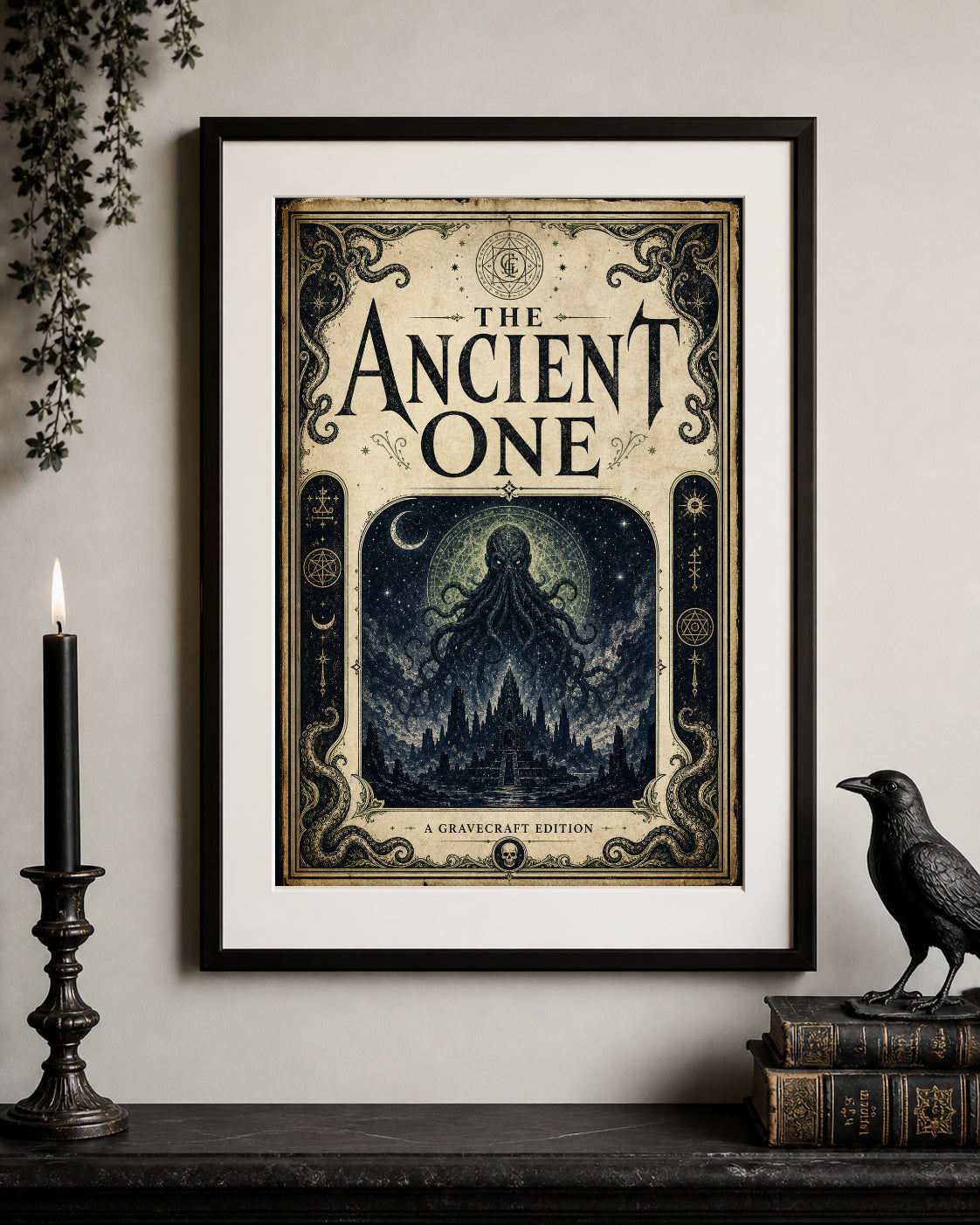 Framed poster titled 'The Ancient One' on a wall with decorative elements.