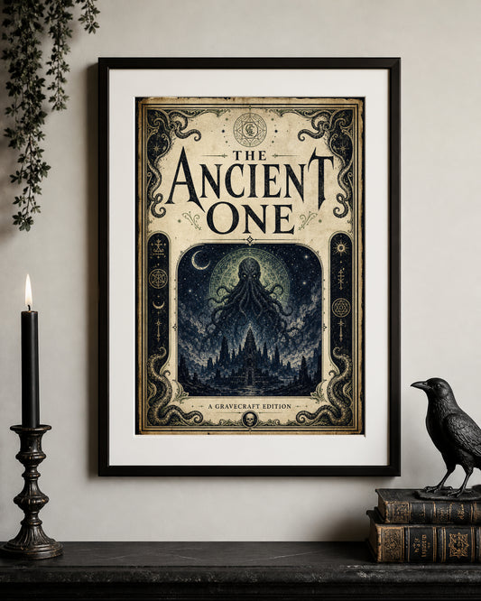 Framed poster titled 'The Ancient One' on a wall with decorative elements.