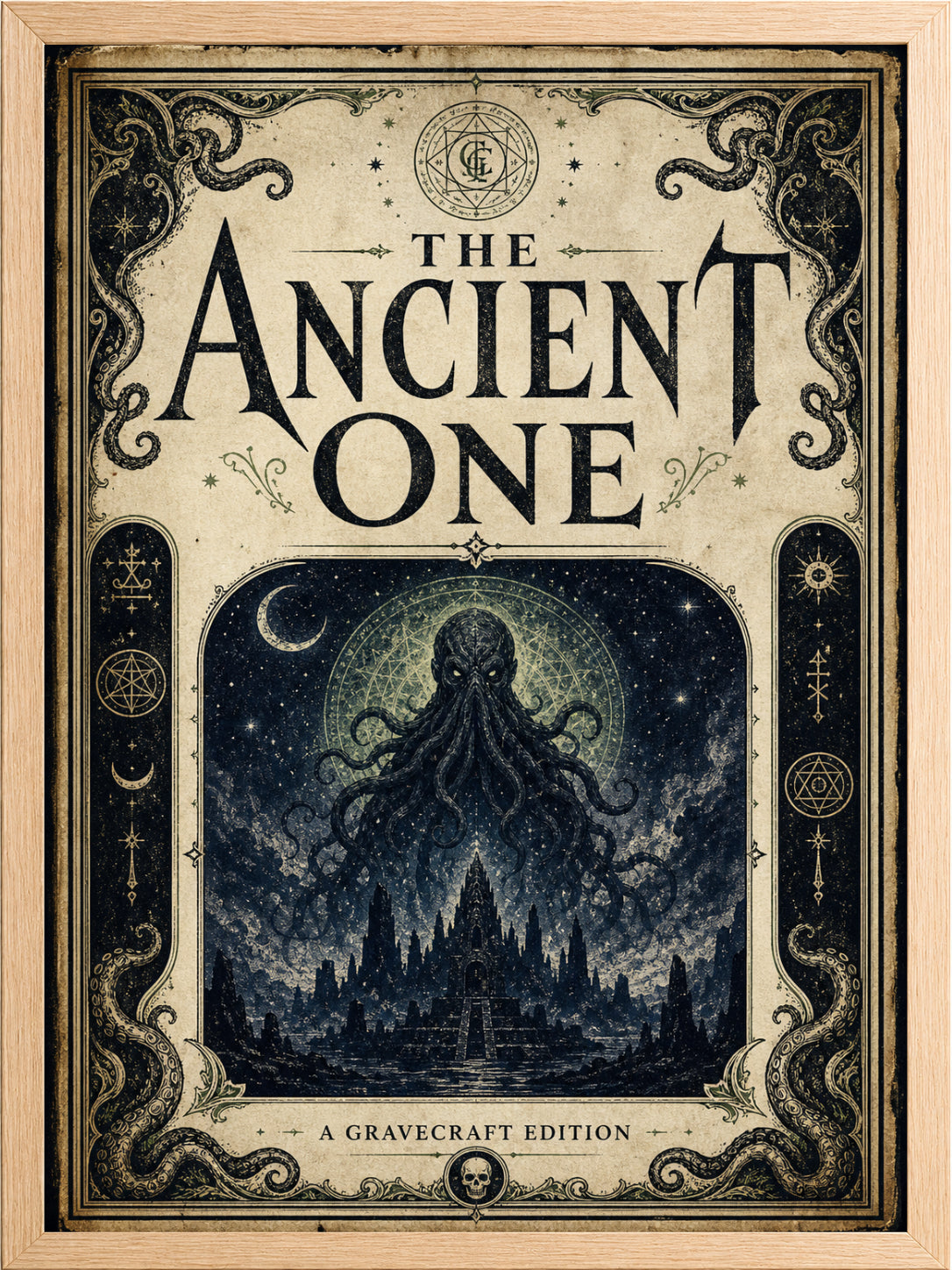 Cover of 'The Ancient One' with decorative elements and a dark central image.