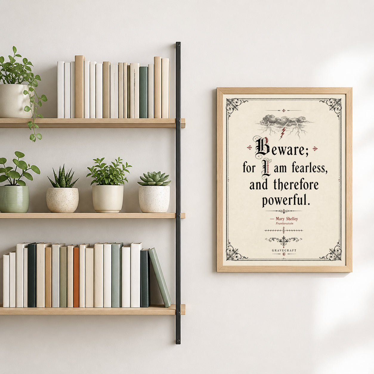 Wooden bookshelf with books and plants next to a framed quote on a wall.