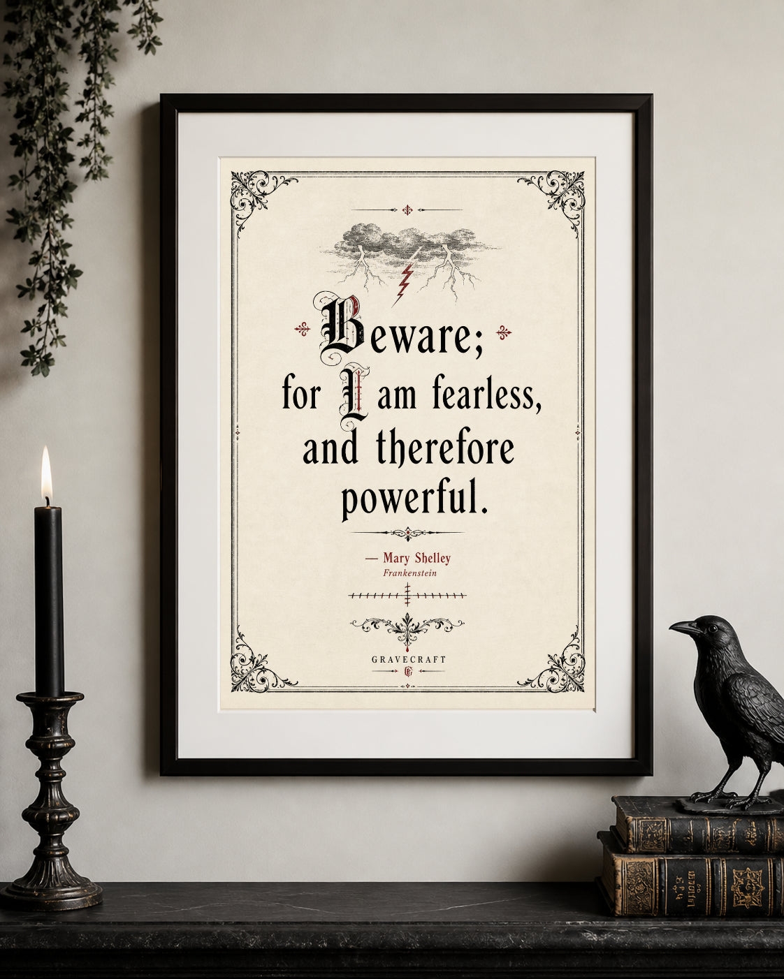 Framed print with a quote on a wall with decorative elements