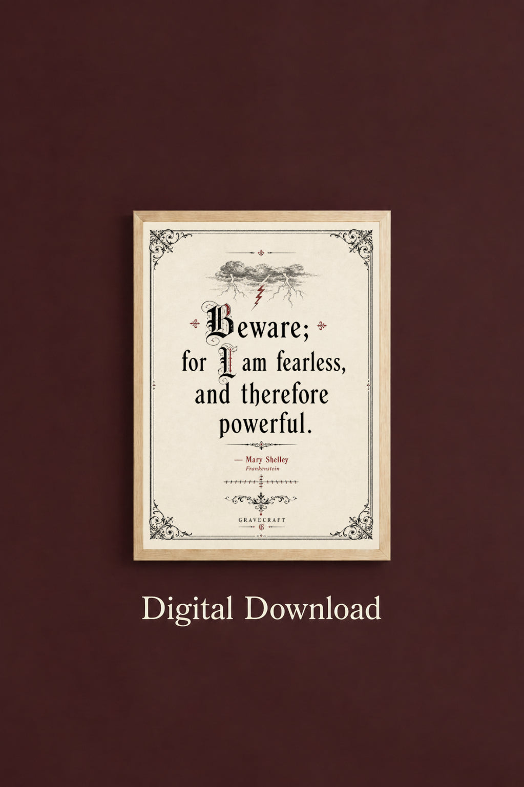 Framed quote print on a dark red background with 'Digital Download' text.