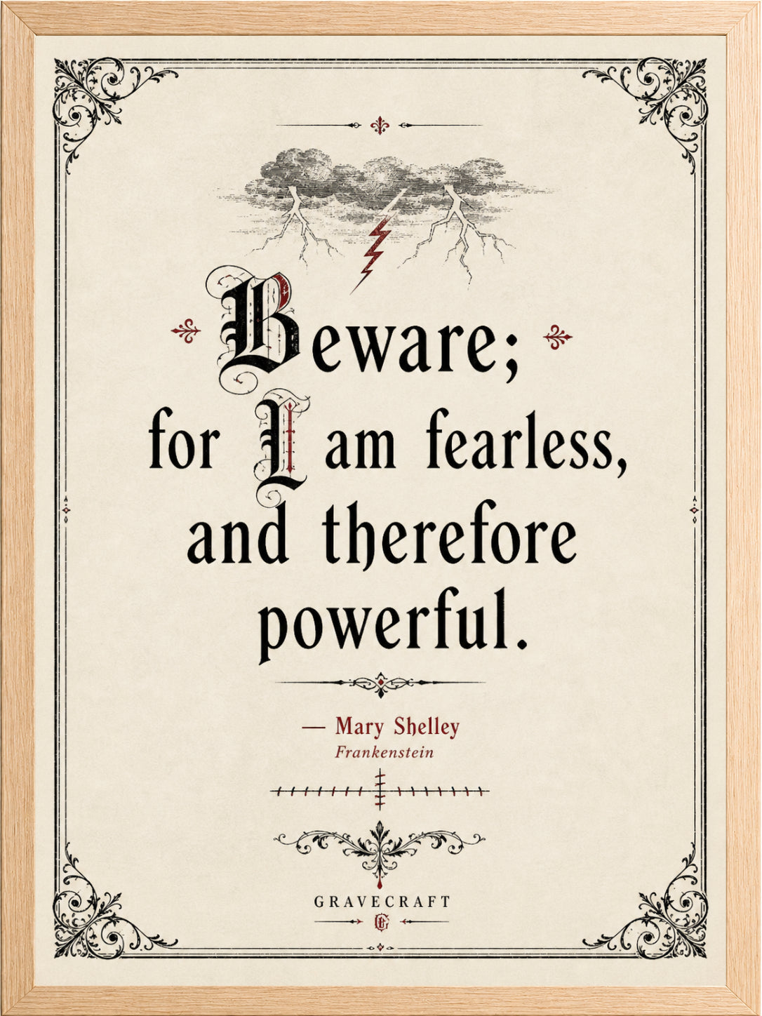 Framed print with a quote from Mary Shelley's 'Frankenstein' on a light background