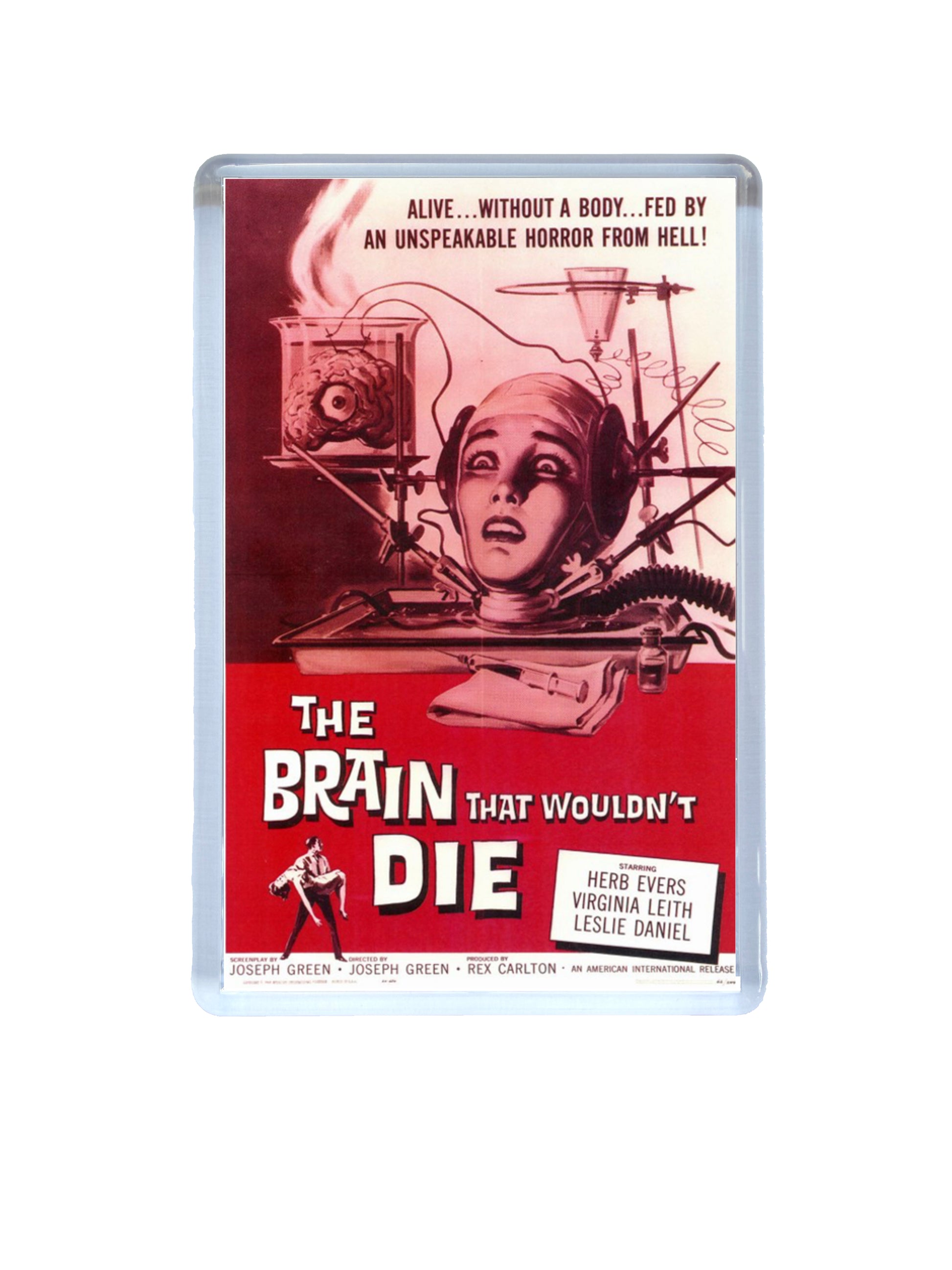 Vintage movie poster for 'The Brain That Wouldn't Die' with a red and white color scheme.