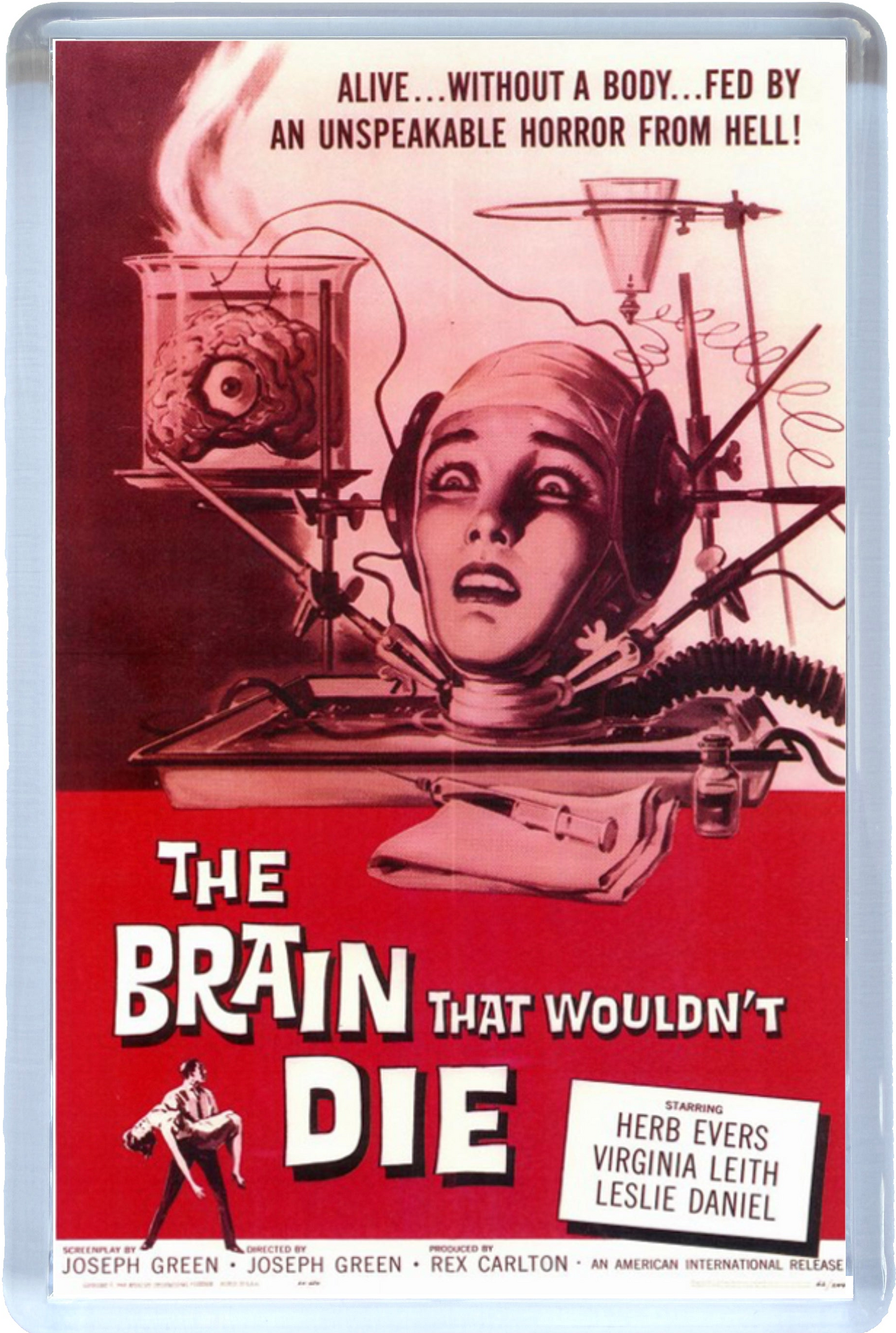 Close Up Vintage movie poster for 'The Brain That Wouldn't Die' with a red and white colour scheme.