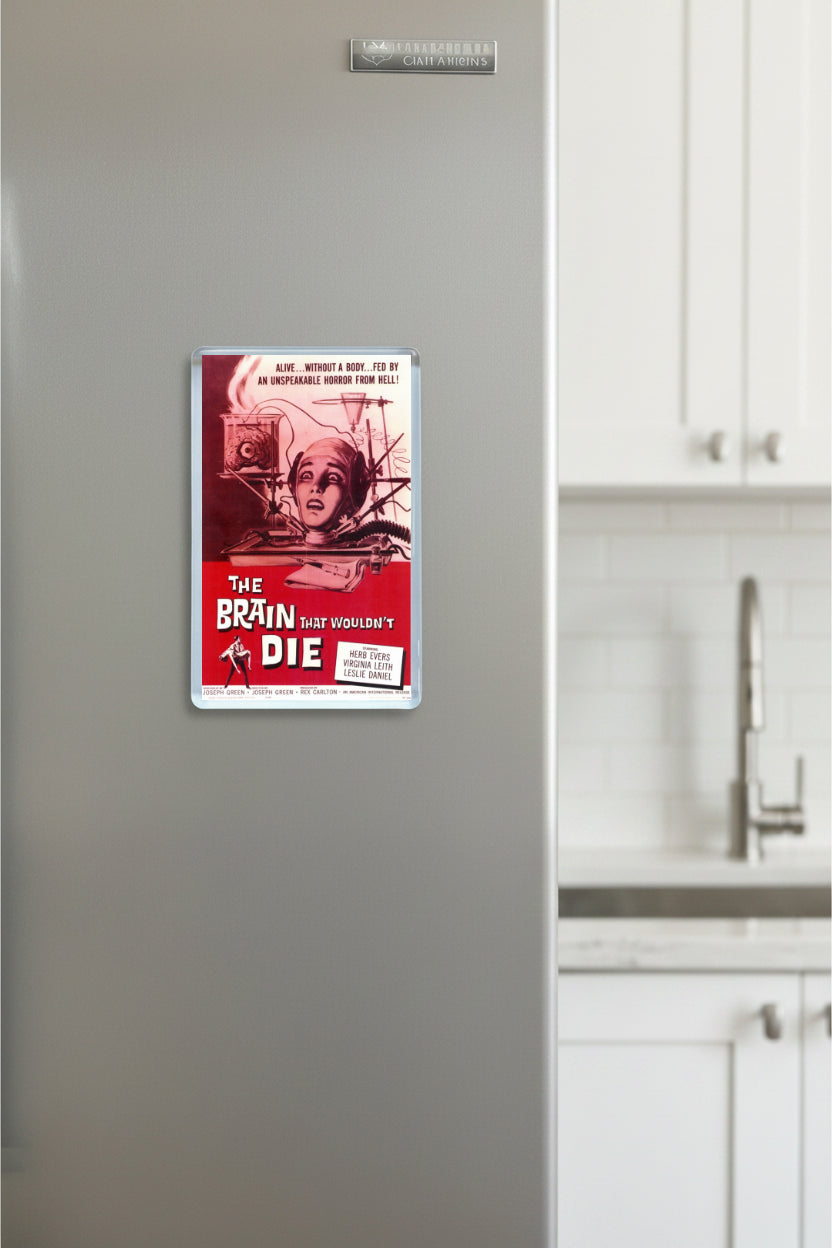 Fridge magnet with a red and white design on a refrigerator in a kitchen setting