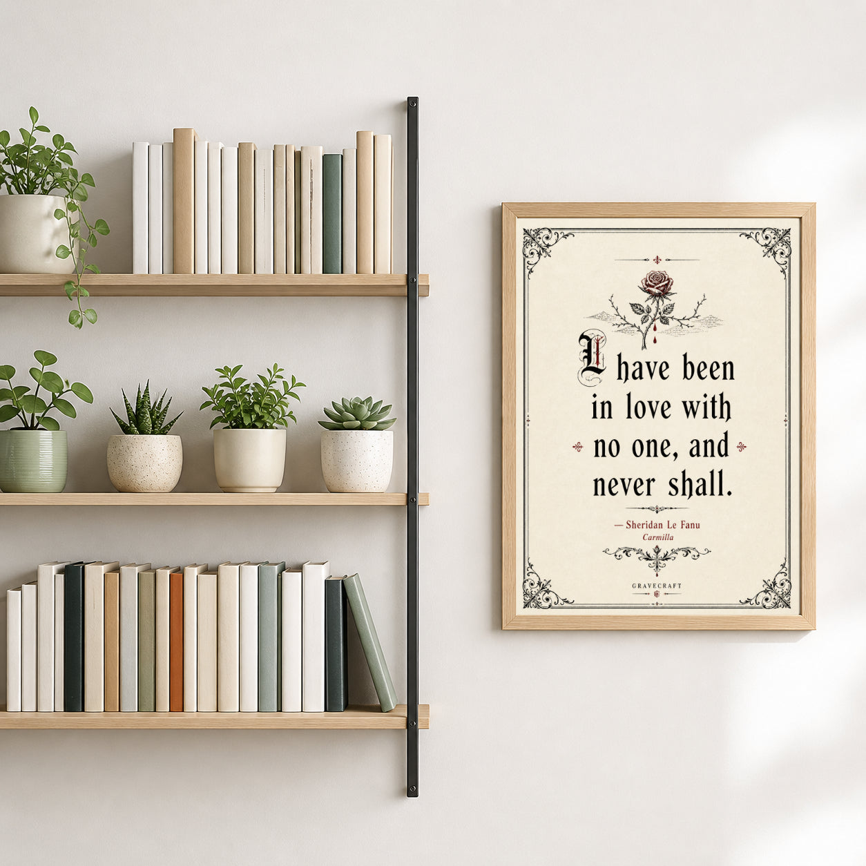 Framed quote on a wall next to a bookshelf with books and plants.