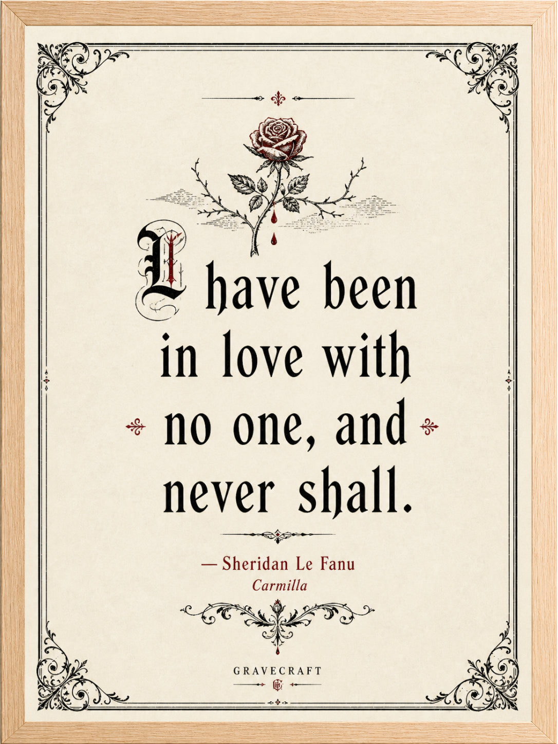 Framed quote by Sheridan Le Fanu with a rose illustration on a beige background