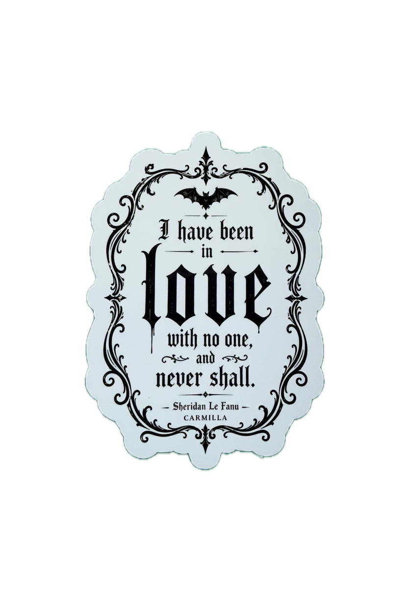 Decorative sticker with gothic text and design on a white background