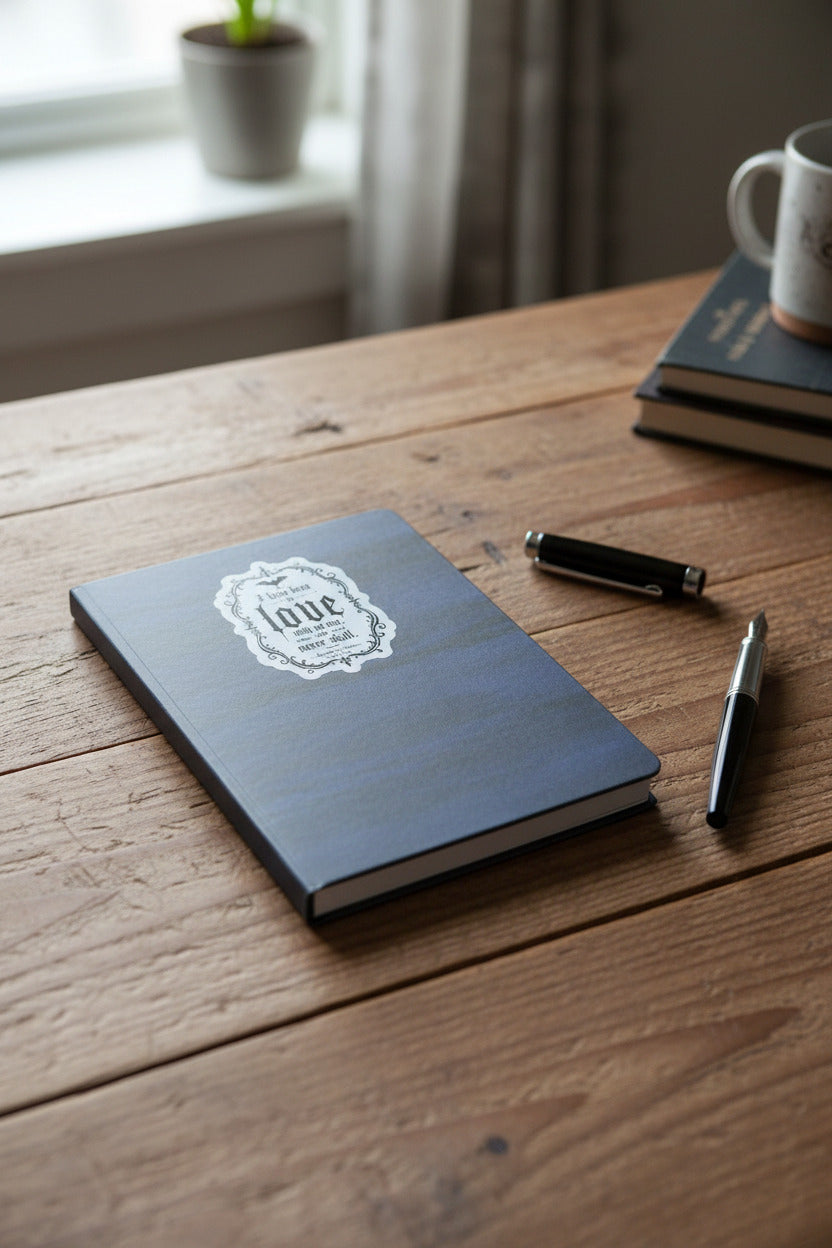 Blue notebook with a logo on a wooden table next to a mug and pen