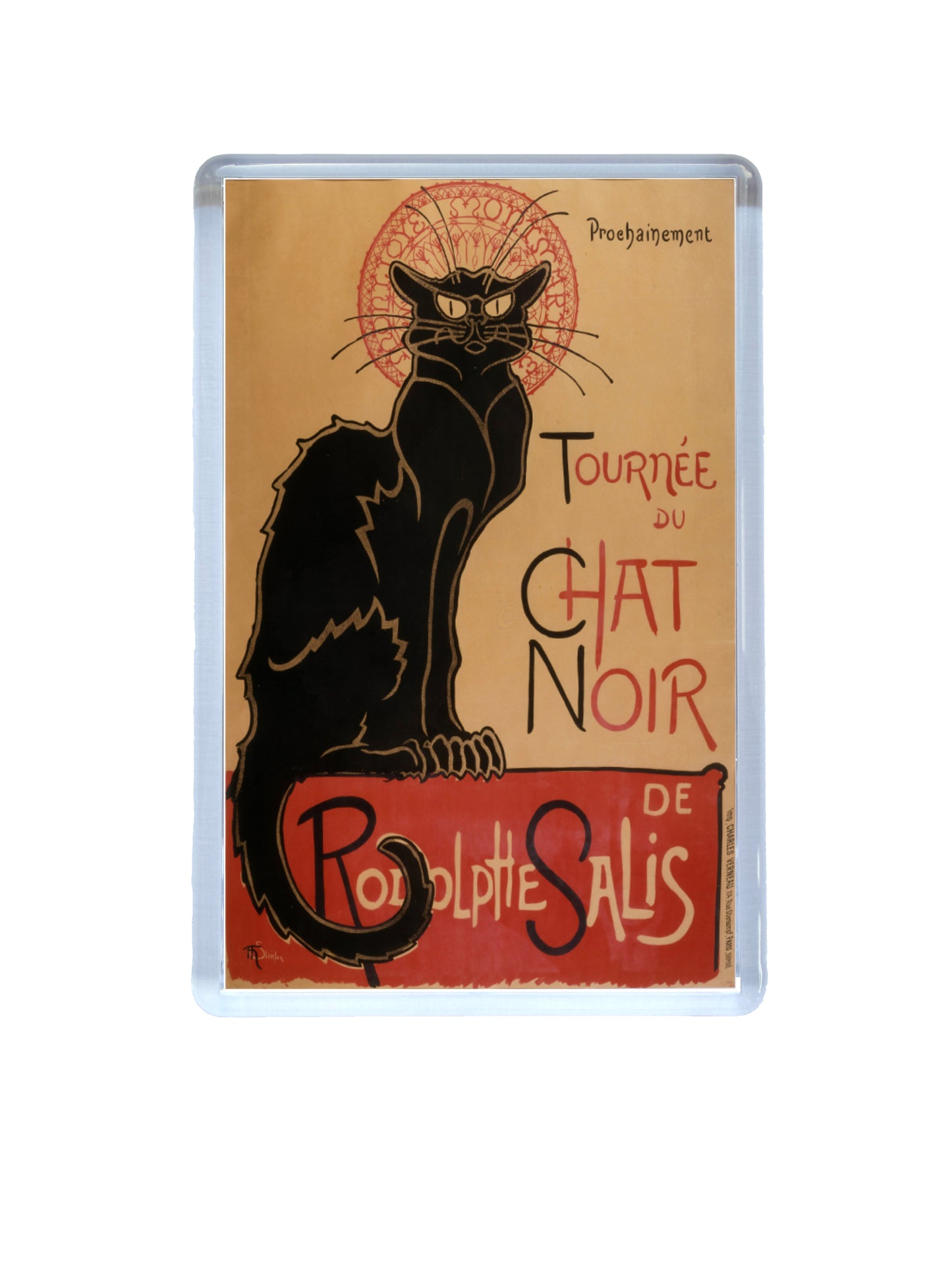 Fridge magnet with a black cat illustration and text on a brown background