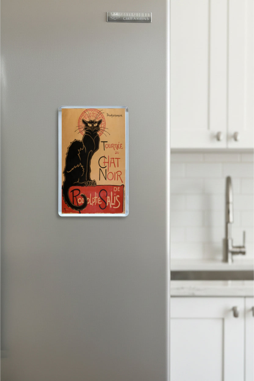 Fridge magnet with a vintage-style cat poster on a refrigerator in a kitchen setting.