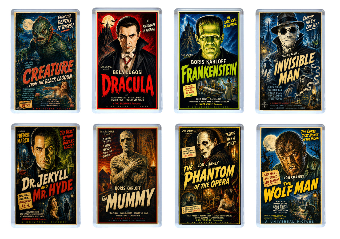 Set of eight classic horror film poster fridge magnets