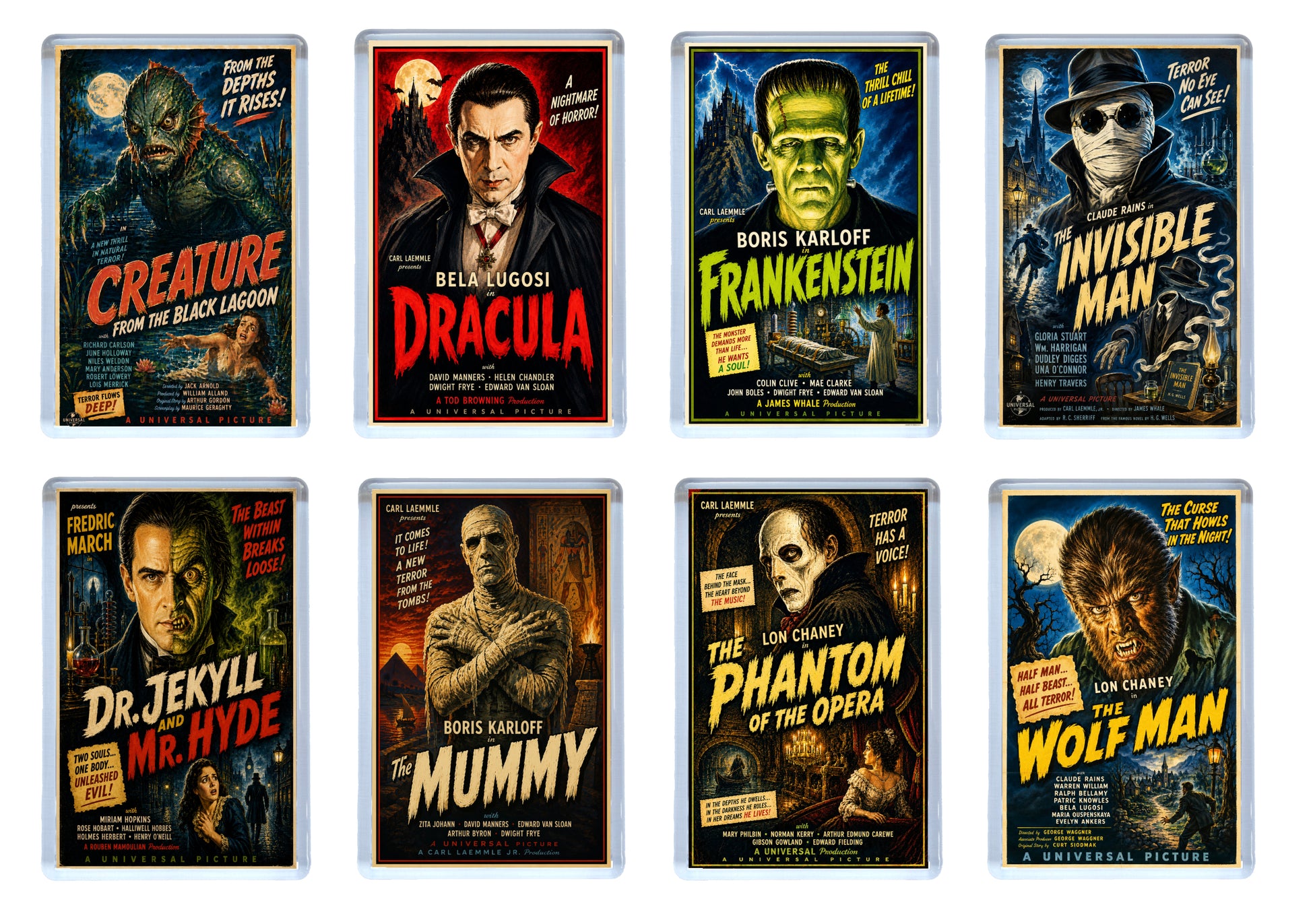 Set of eight classic horror film poster fridge magnets