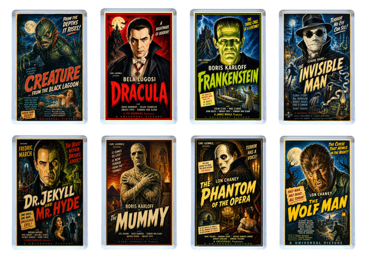 Set of eight classic horror film poster fridge magnets