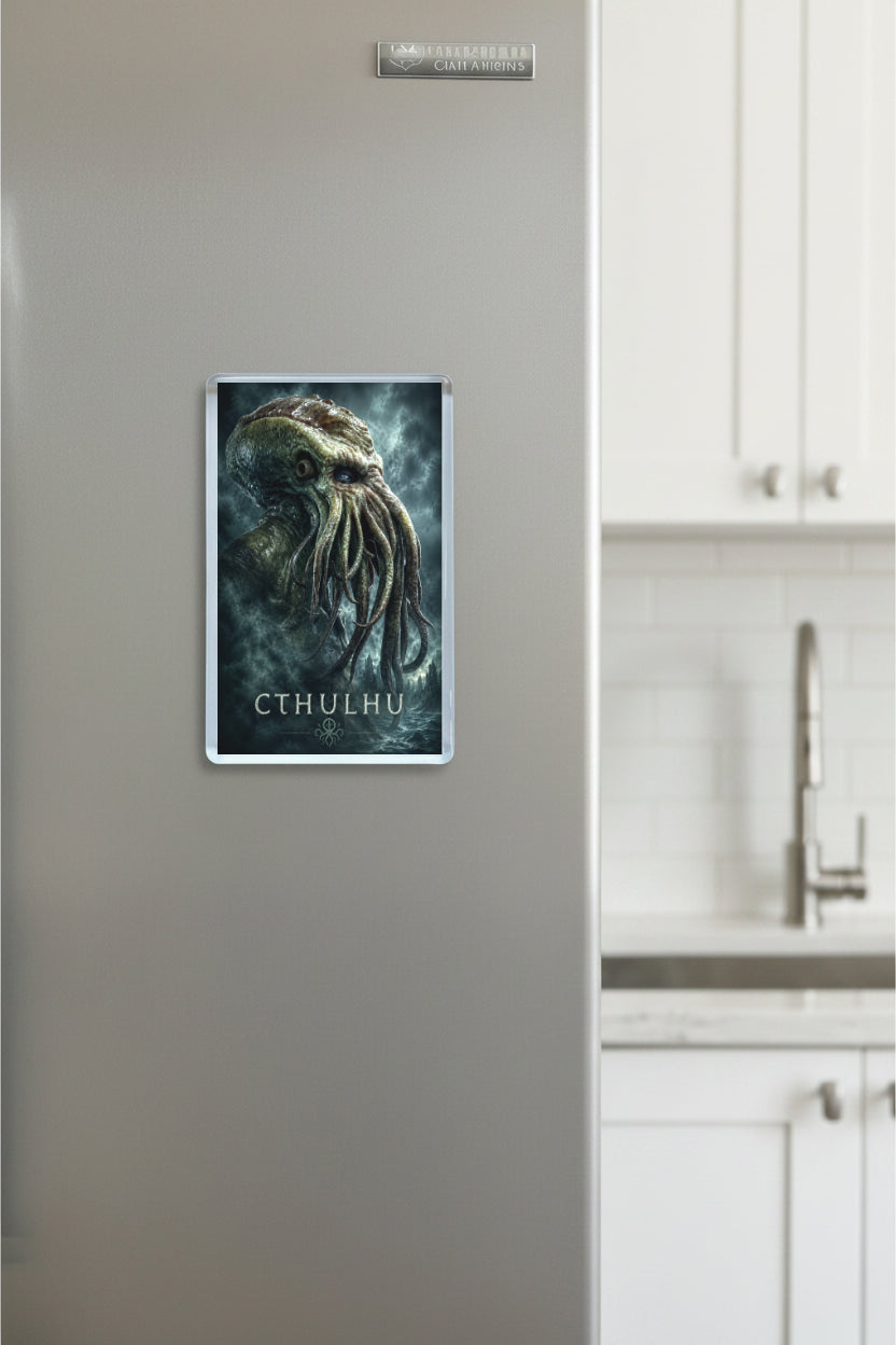 Cthulhu poster on a refrigerator in a kitchen setting