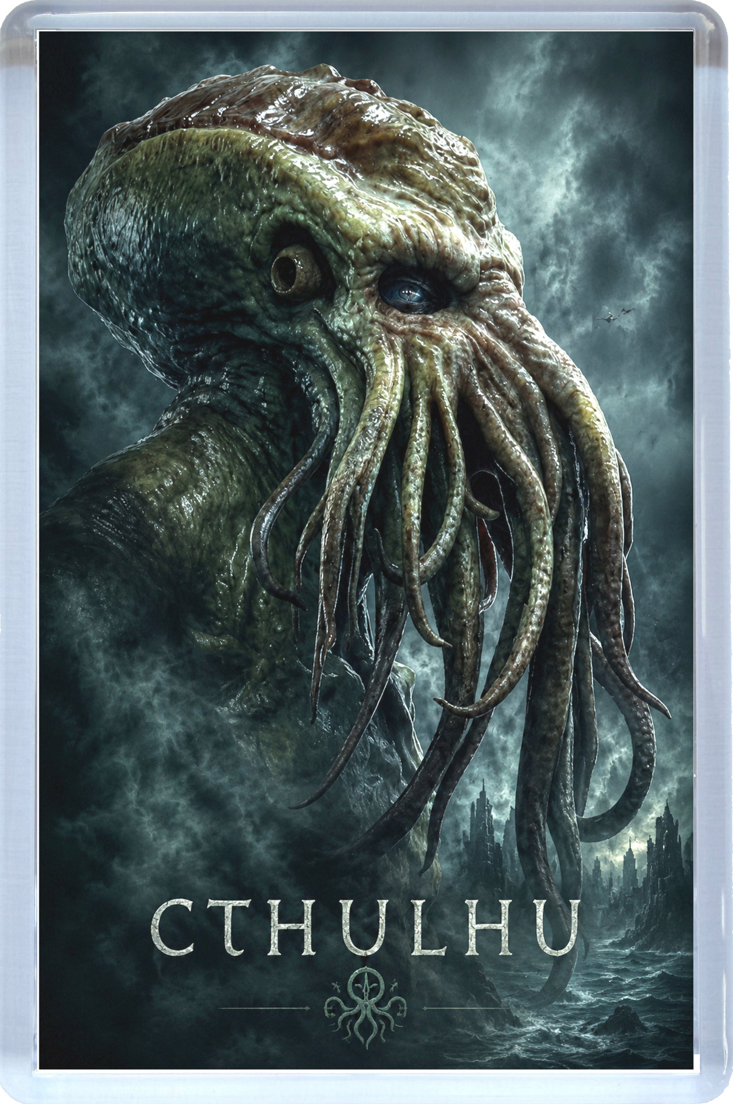 Close-up Cthulhu creature with a dark, misty background