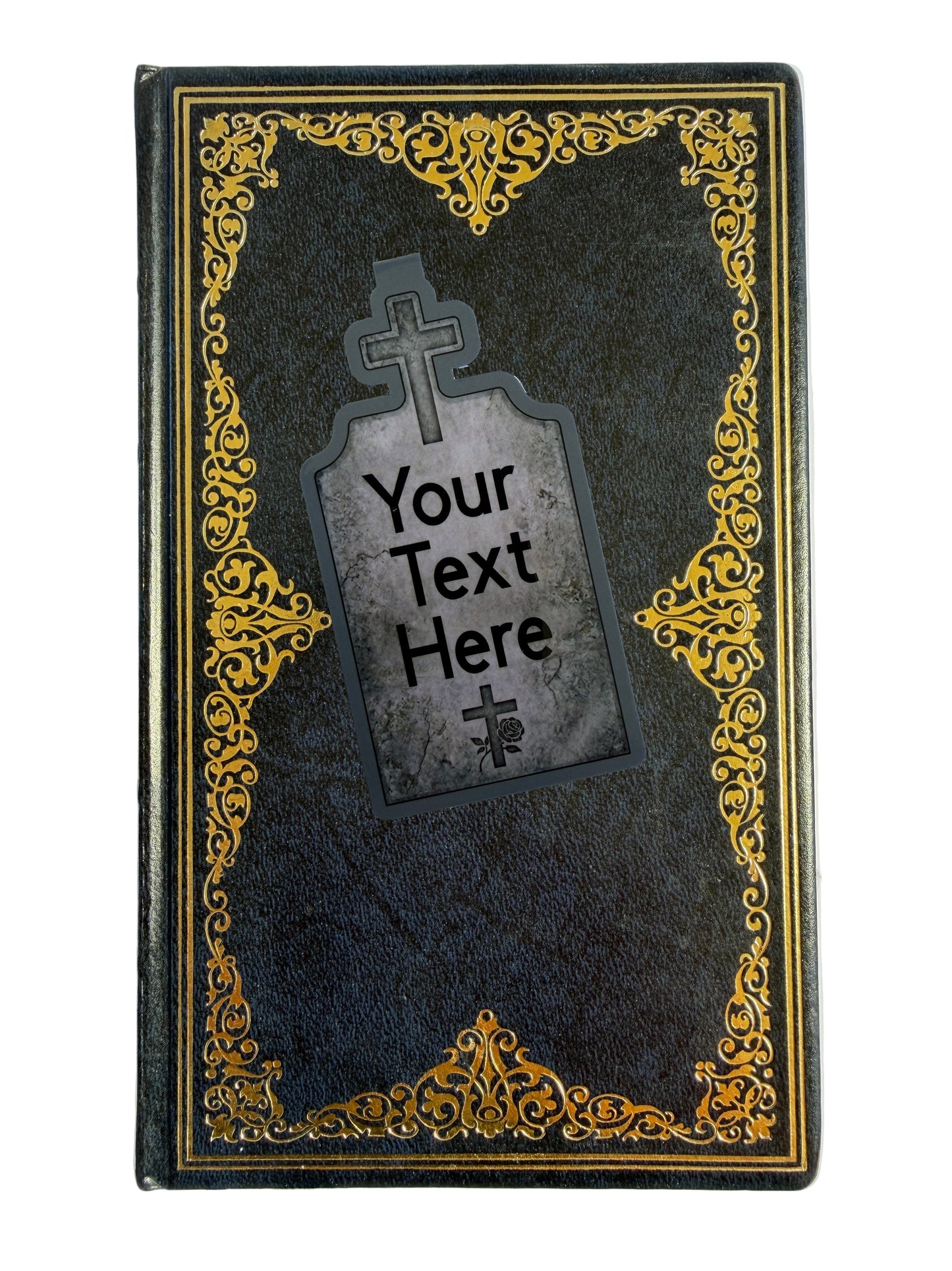 Decorative book with ornate gold border and 'Your Text Here' placeholder on a white background