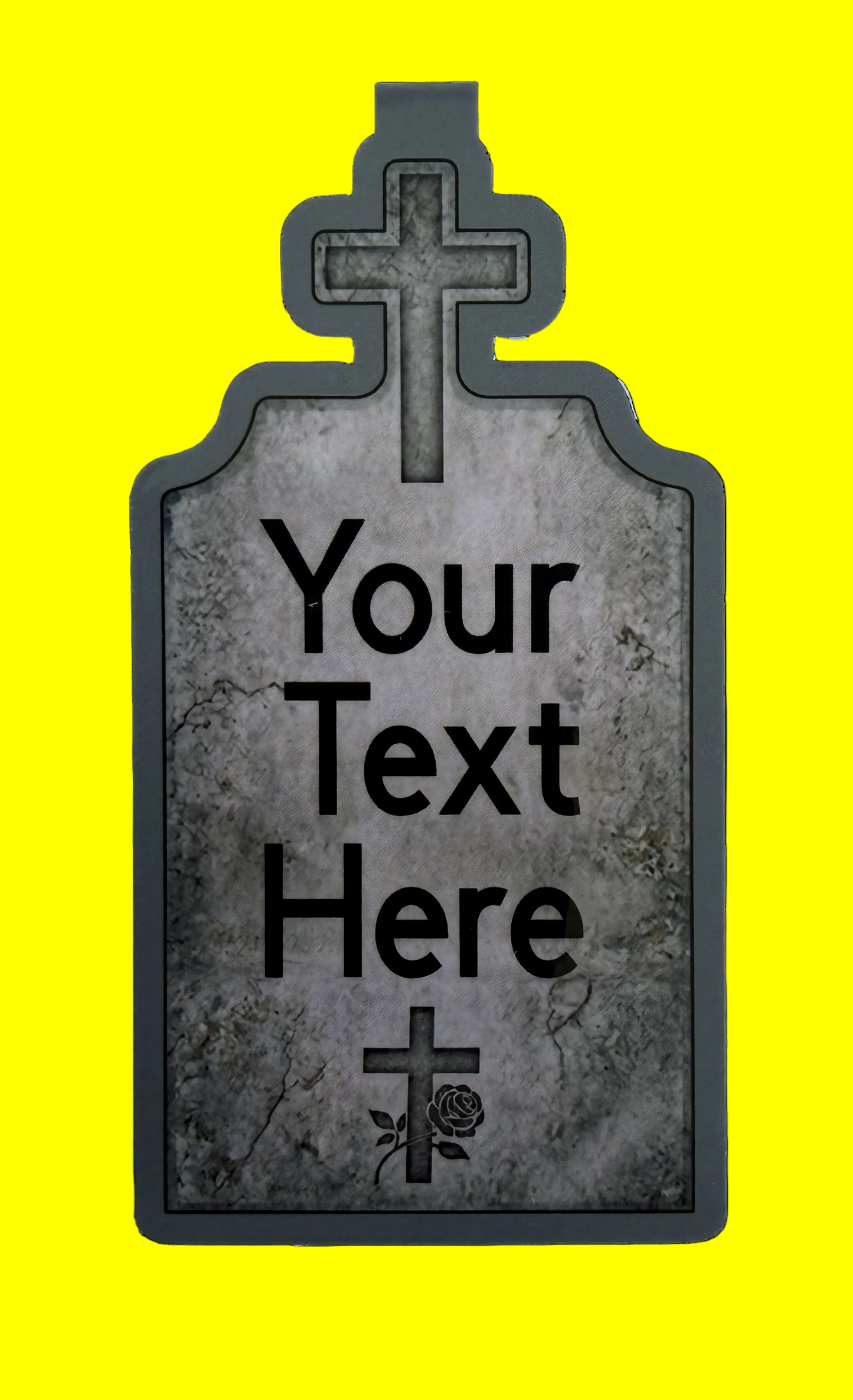 Gothic-style gravestone with 'Your Text Here' on a yellow background