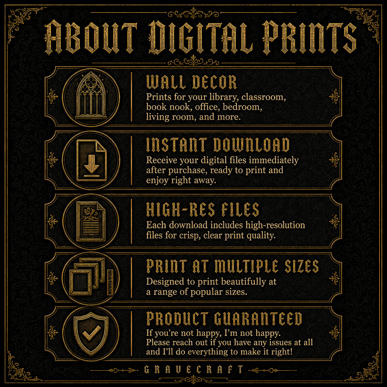 Promotional text for digital prints with decorative elements on a black background