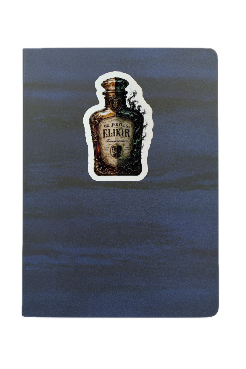 Notebook with a bottle of elixir sticker on a blue water background
