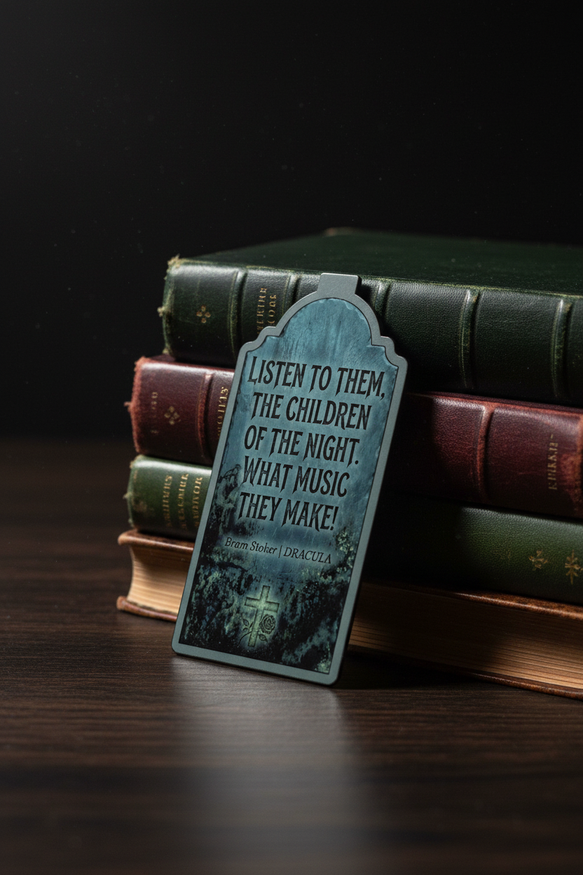 Decorative plaque with text on a stack of books against a dark background