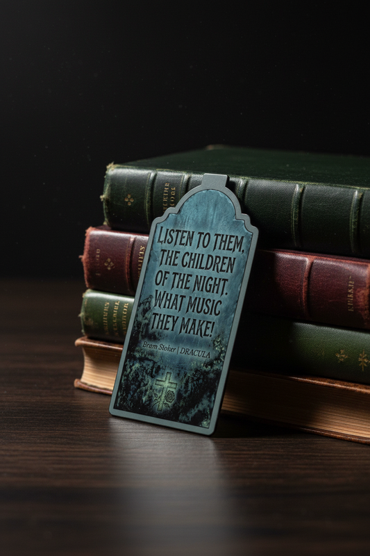 Decorative plaque with text on a stack of books against a dark background