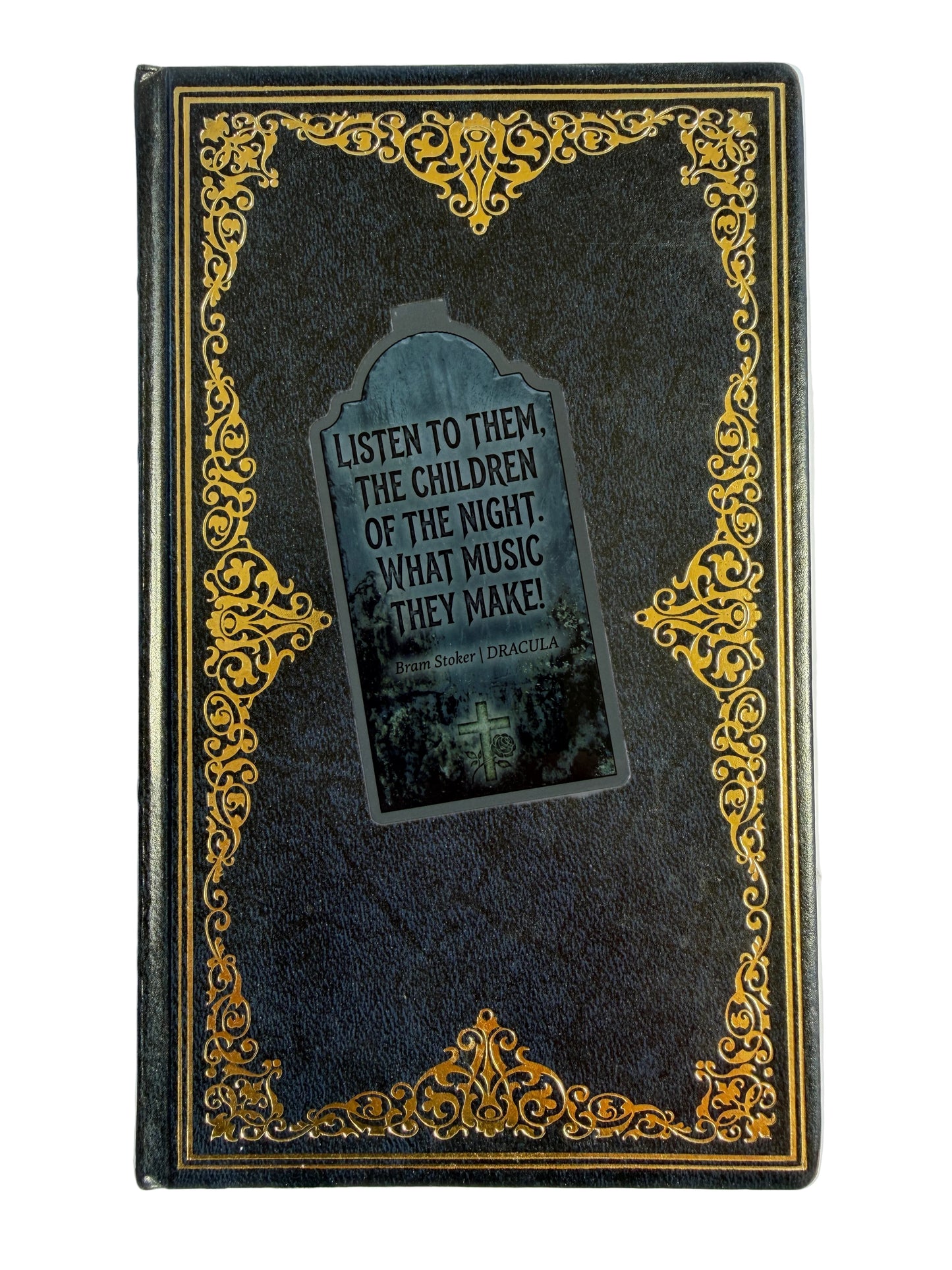 Decorative book cover with ornate gold design and text quote on a white background