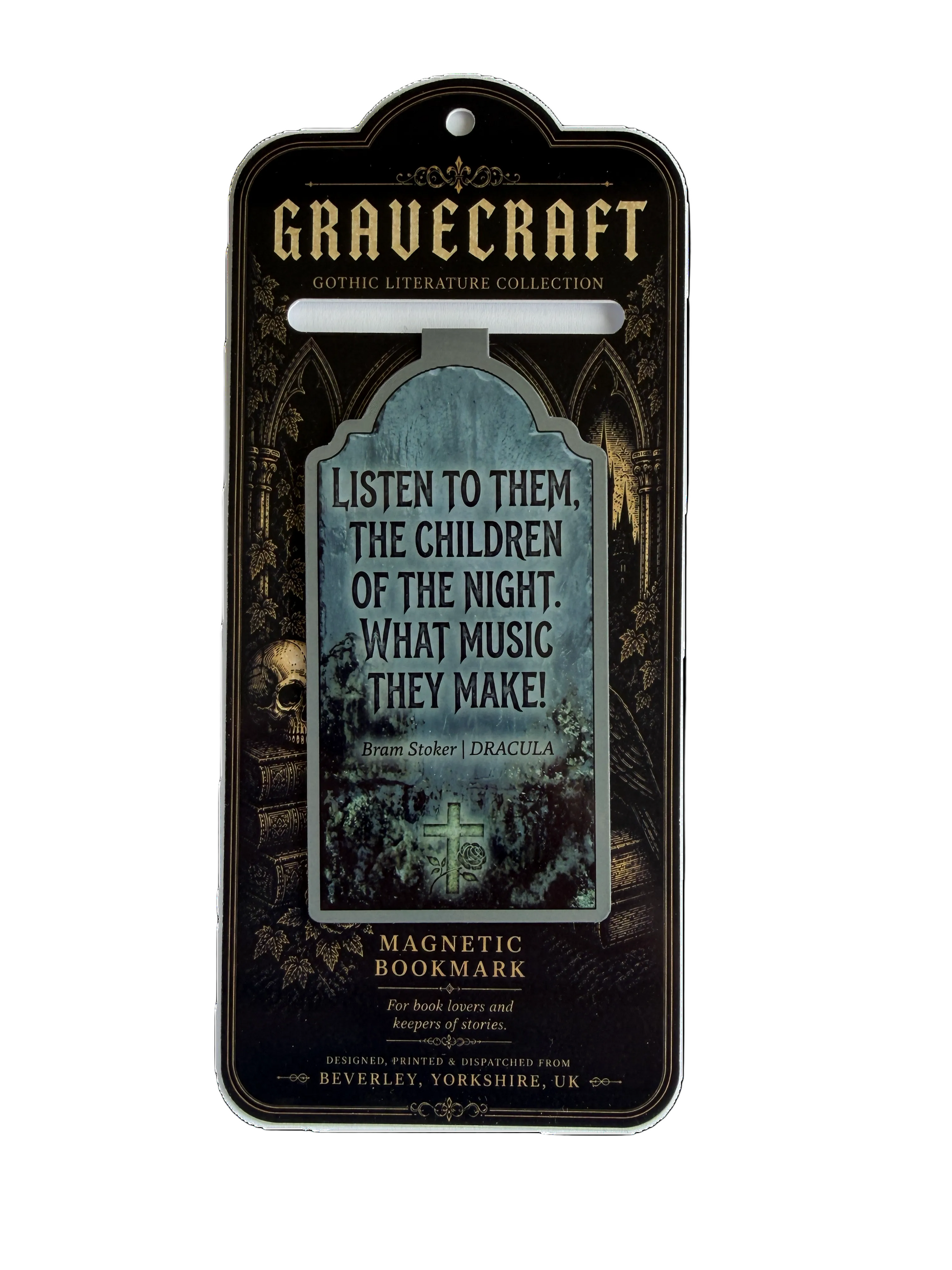 Magnetic bookmark with text and design on a black card, featuring the brand 'Gravecraft'.
