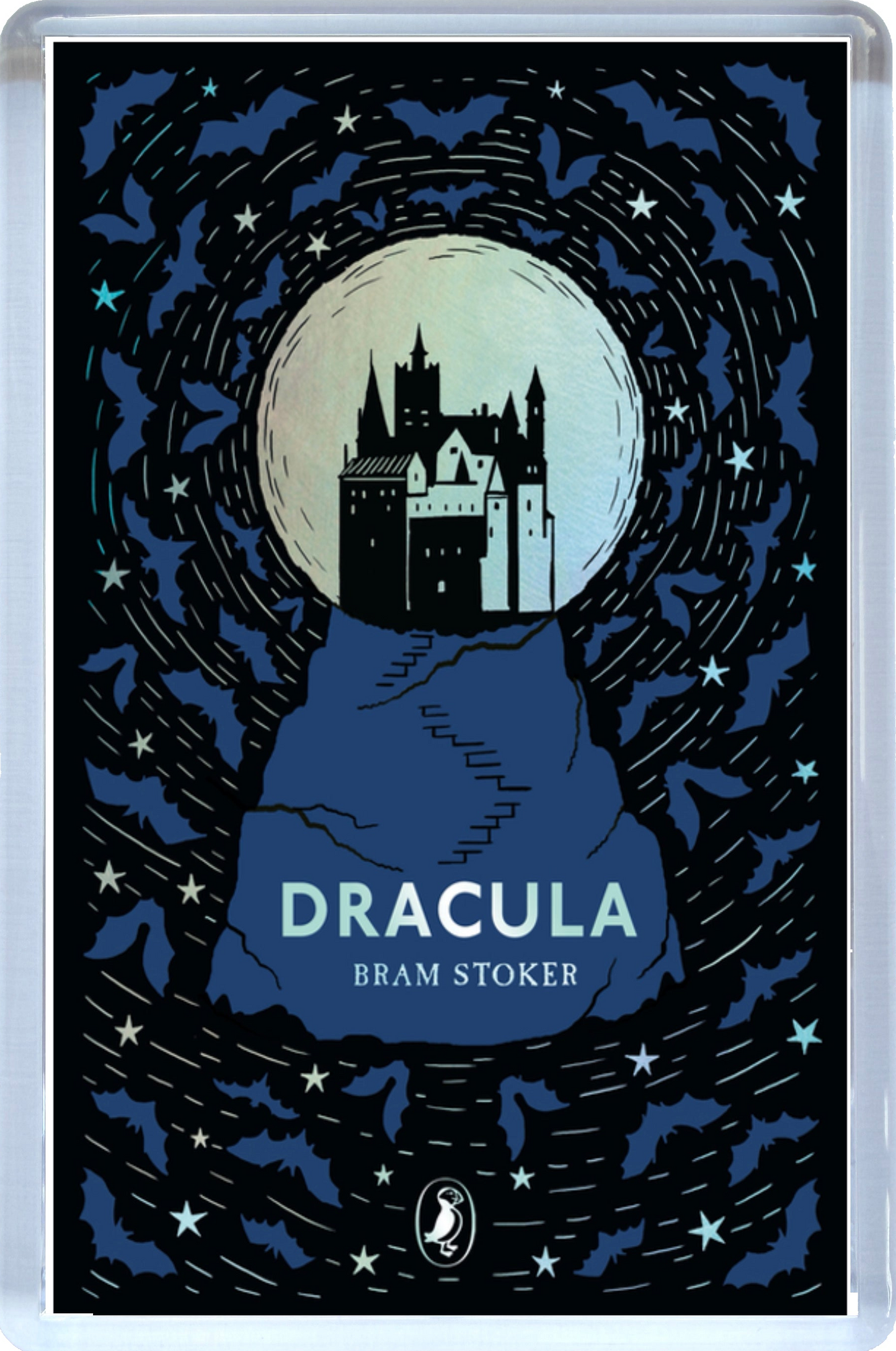 Close up Book cover of 'Dracula' by Bram Stoker with bats, moon, and castle design.