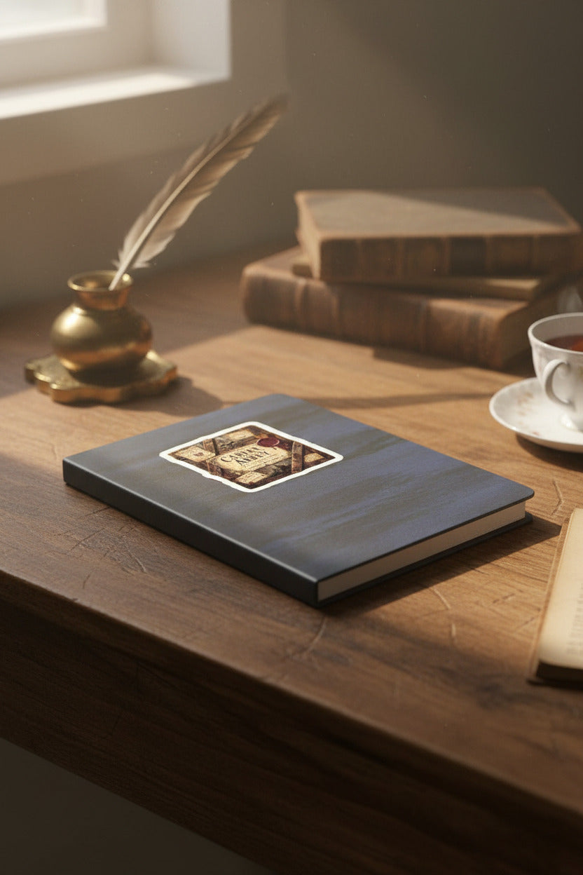 Blue notebook with a decorative label on a desk