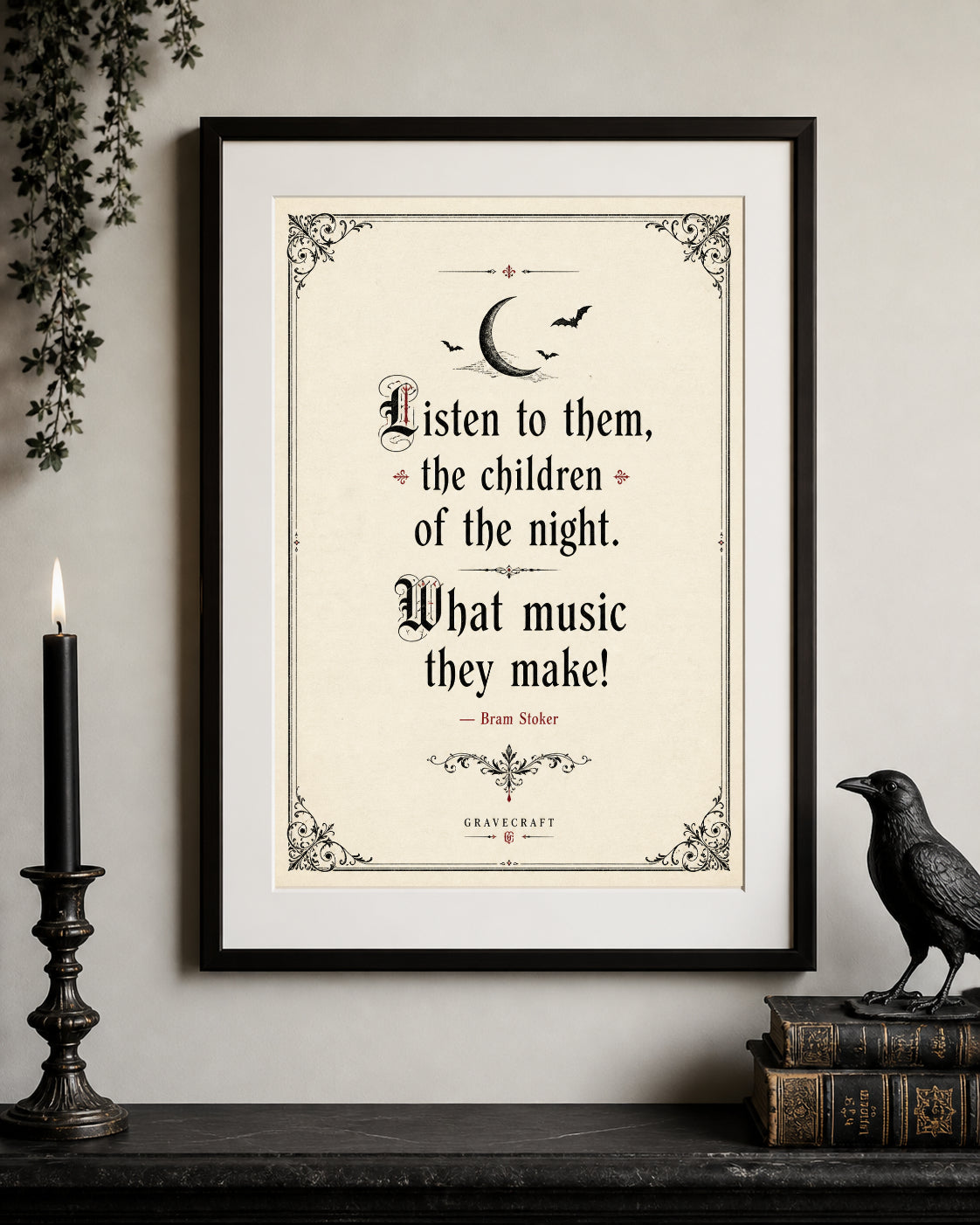 Framed print with a quote on a wall with decorative elements