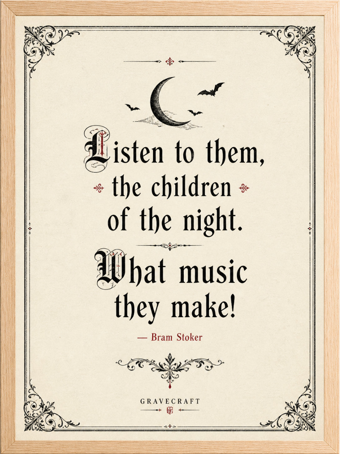 Framed print with Gothic-style text and decorative elements on a light background