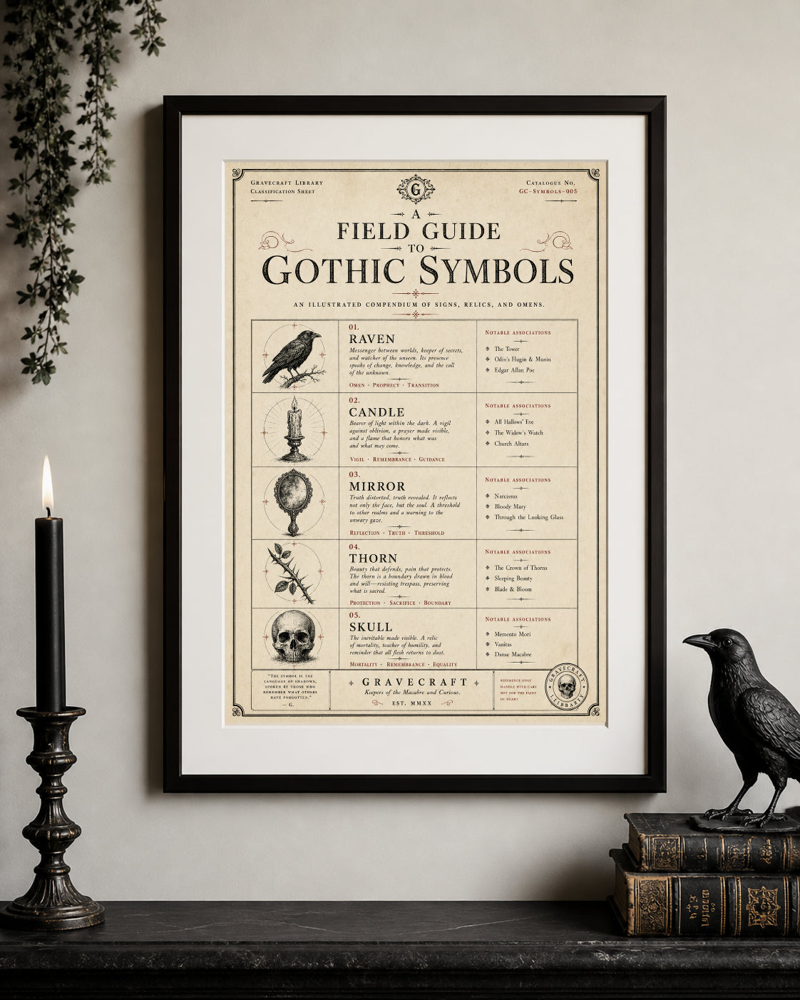 Framed poster on a wall with gothic symbols and meanings, accompanied by decorative items.