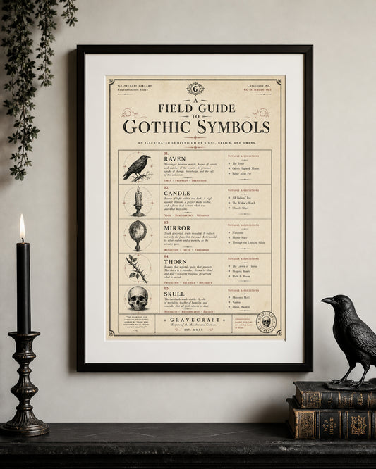 Framed poster on a wall with gothic symbols and meanings, accompanied by decorative items.