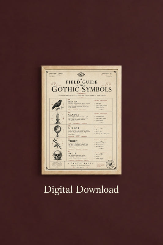 Framed poster on a dark brown wall with 'Field Guide to Gothic Symbols' text.