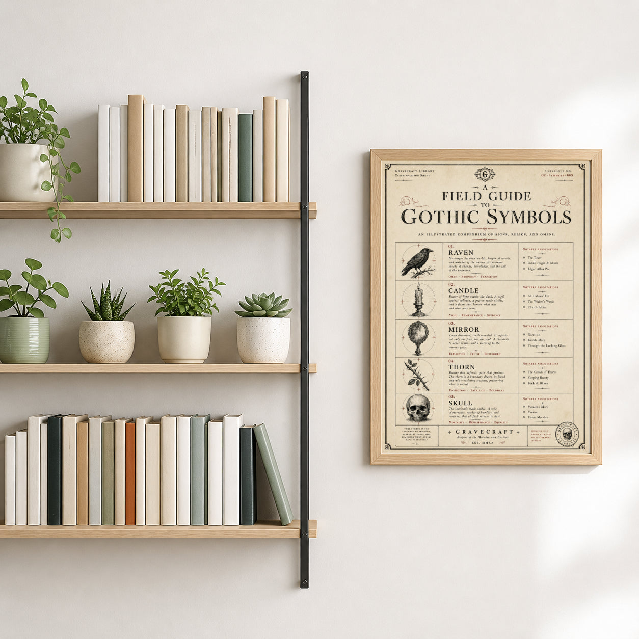 Shelves with books and plants next to a framed poster on a wall