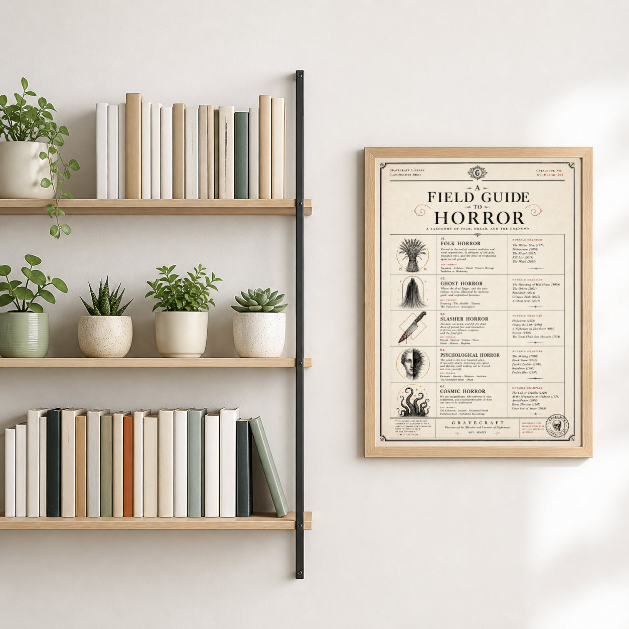 Bookshelf with books and plants next to a framed poster on a wall.