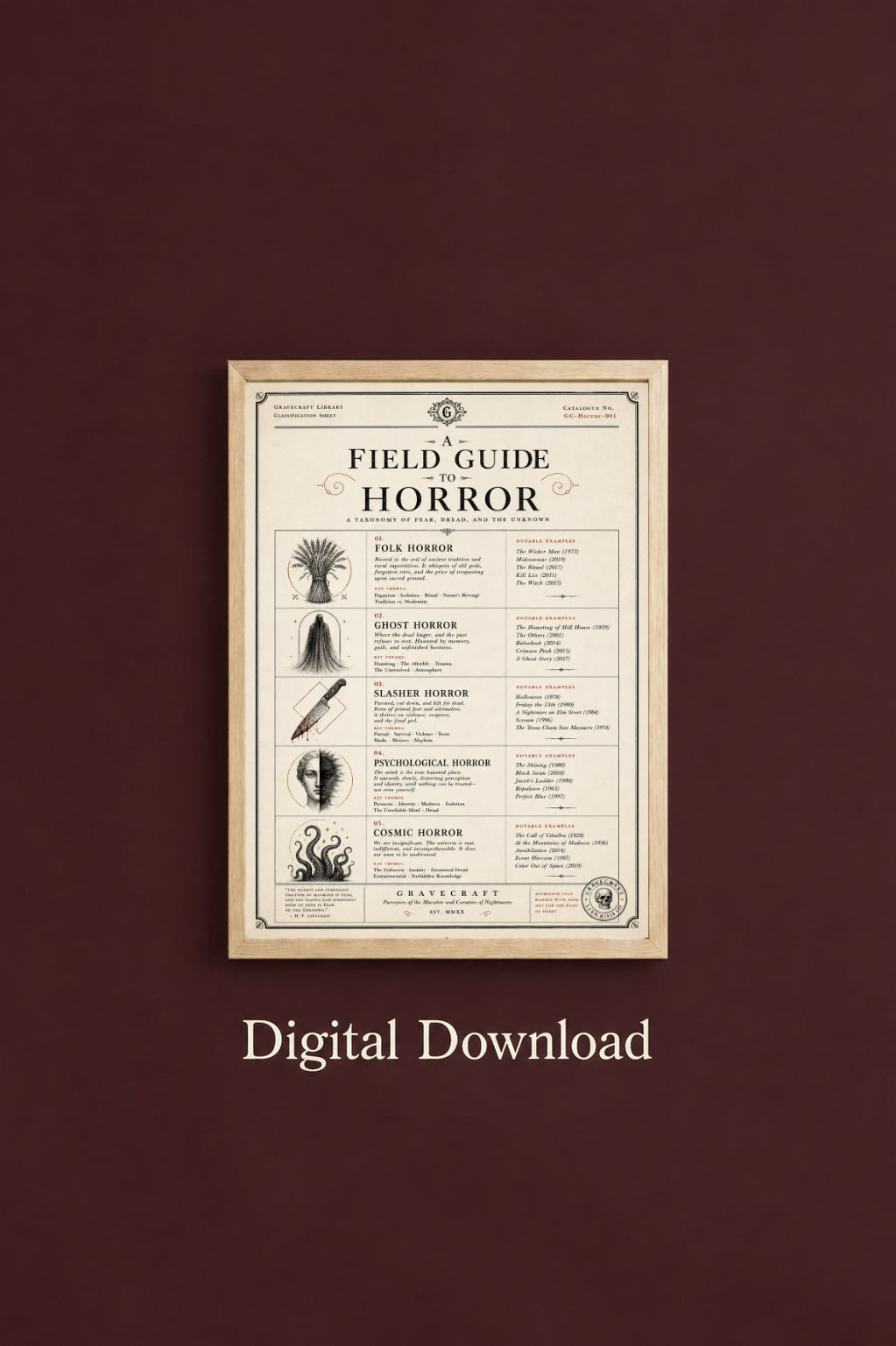 Framed 'Field Guide to Horror' poster on a brown background with digital download text.