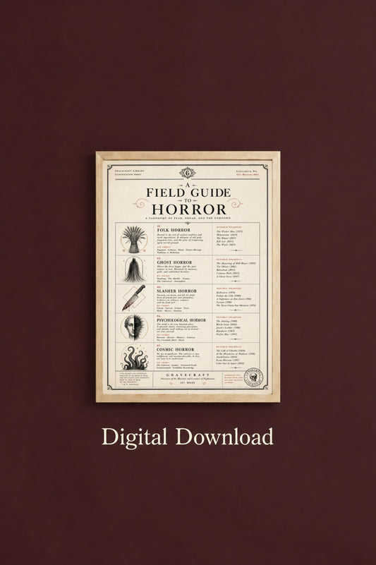 Framed 'Field Guide to Horror' poster on a brown background with digital download text.