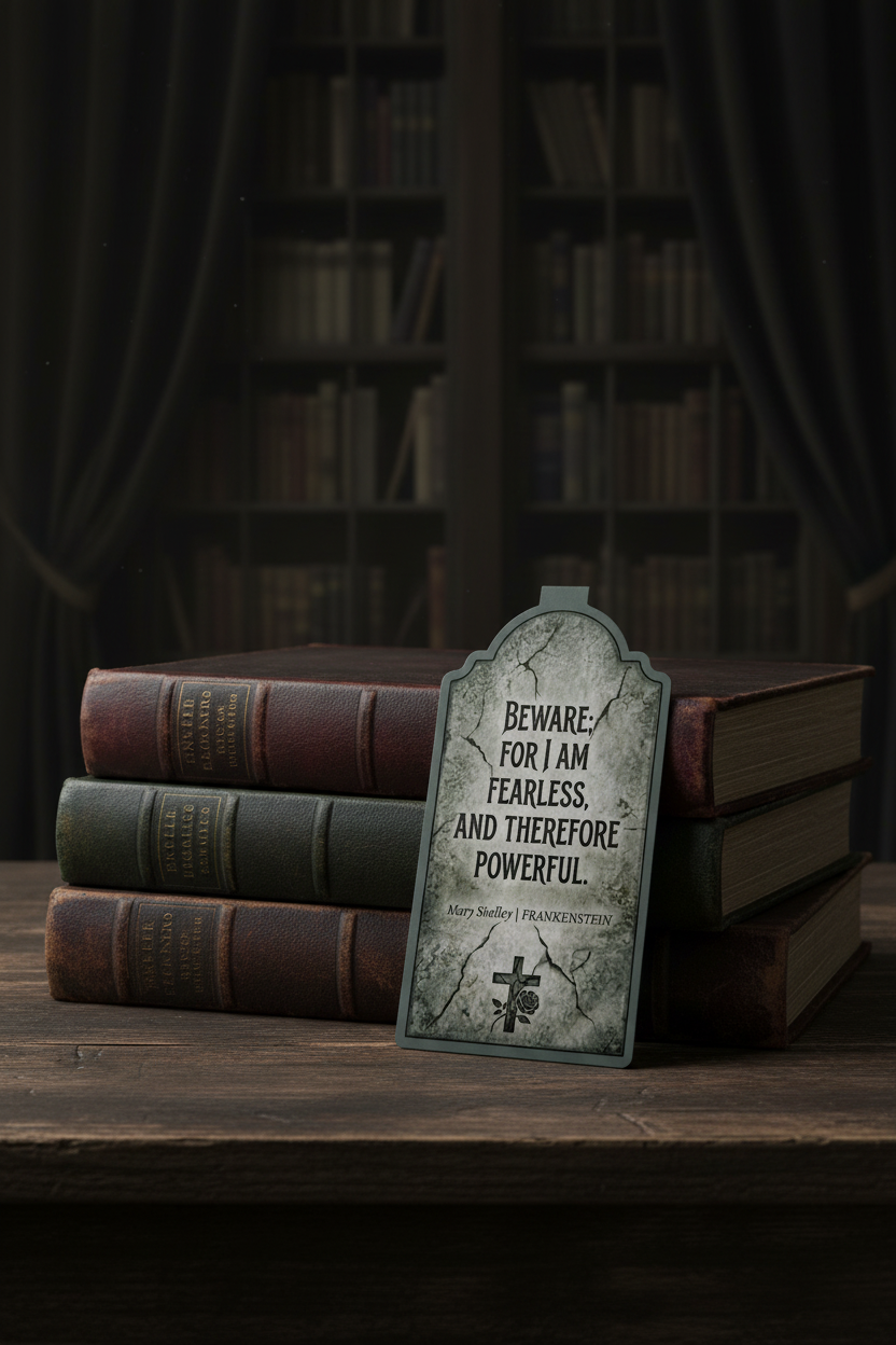 Decorative gravestone with text on top of vintage books against a dark bookshelf background
