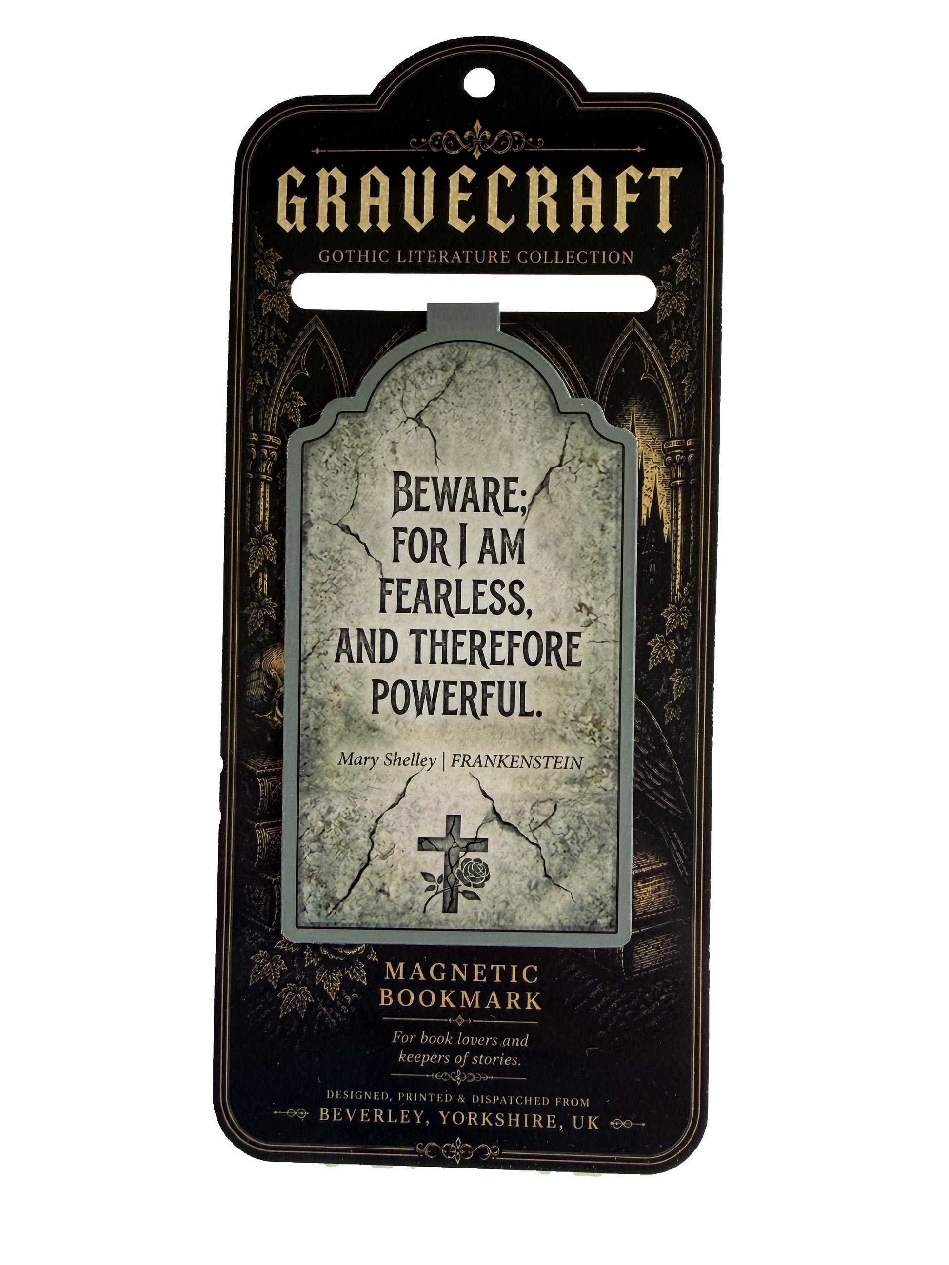 Gravecraft magnetic bookmark with text and design on a black background