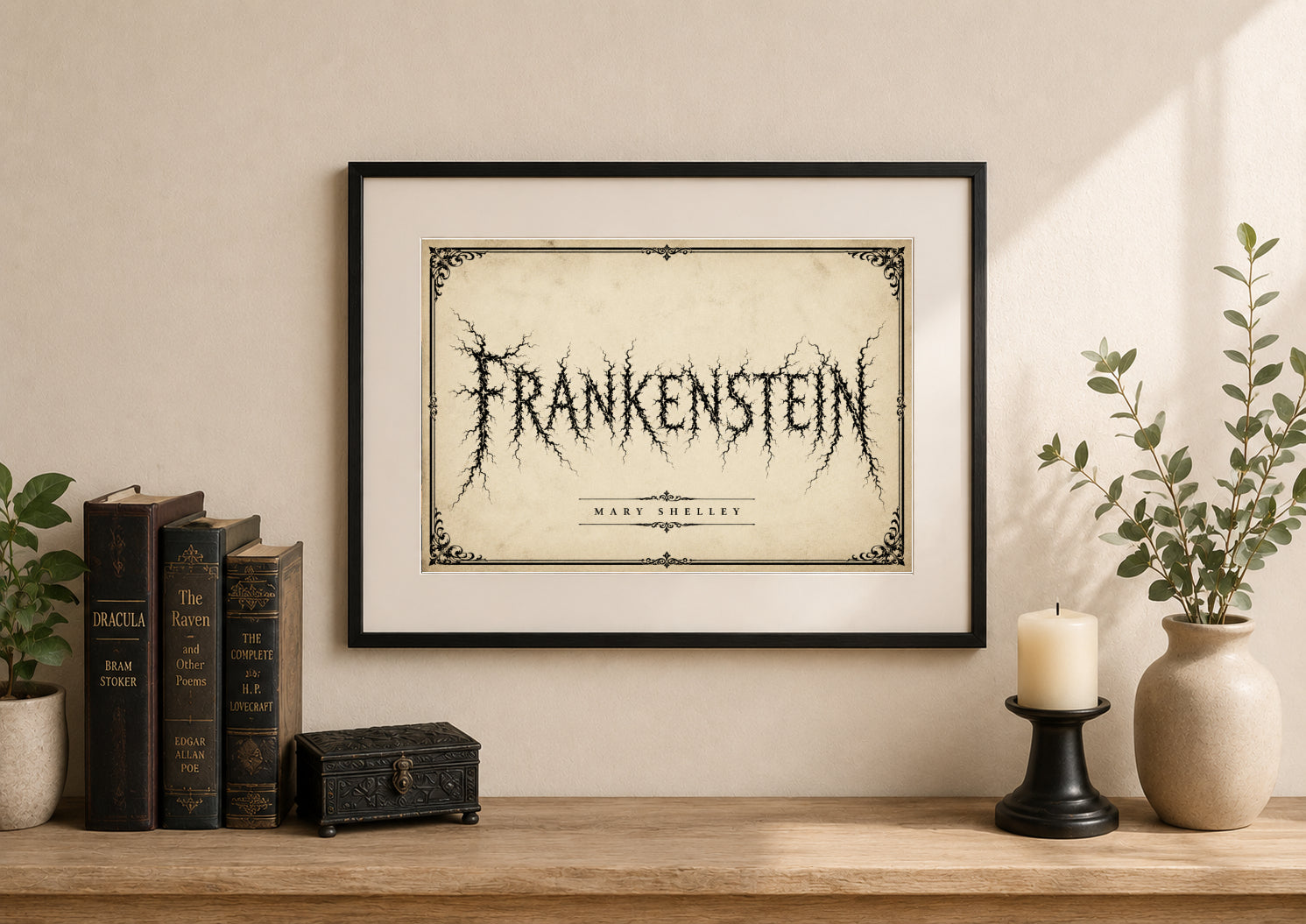Frankenstein Lightning by Mary Shelley Gothic Art Print displayed as wall art