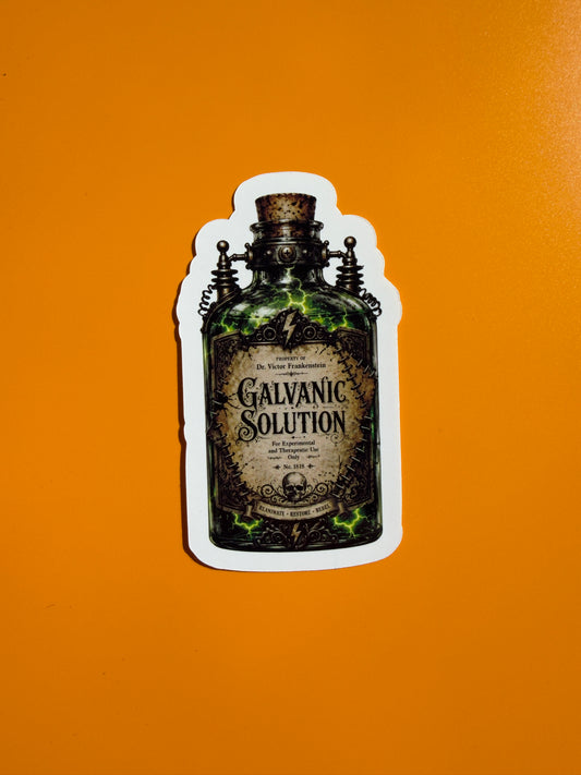 Sticker of a bottle labeled 'Galvanic Solution' on an orange background