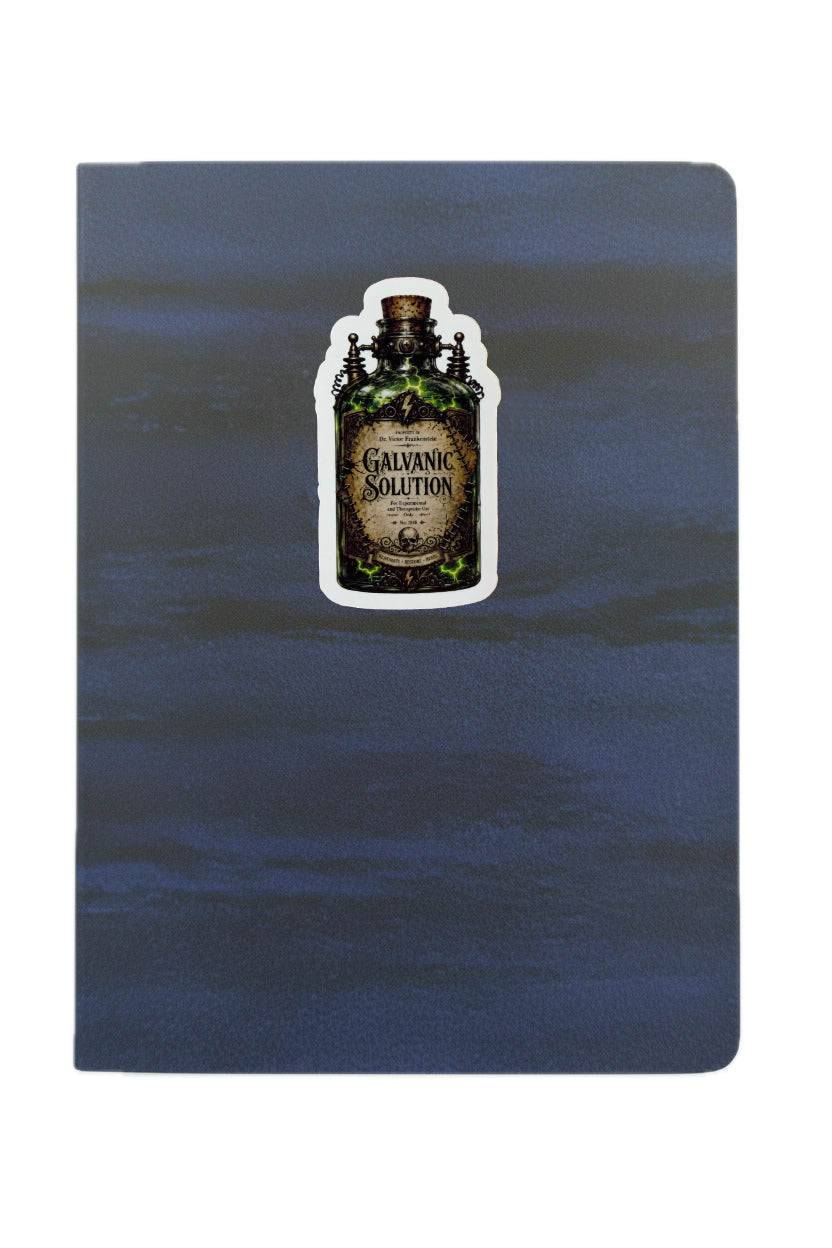 Notebook with a 'Galvanic Solution' bottle sticker on a blue background